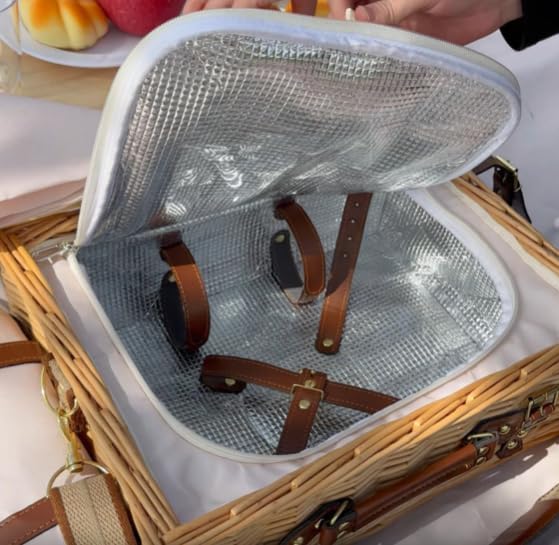 Large Wicker Picnic Basket Kit Set for 2 Adults with Blanket Family Folding Wine Table,Insulated Portable Extra Big Storage Capacity Natural Woven Rattan Canasta De Full Tablewares Camping Outdoor
