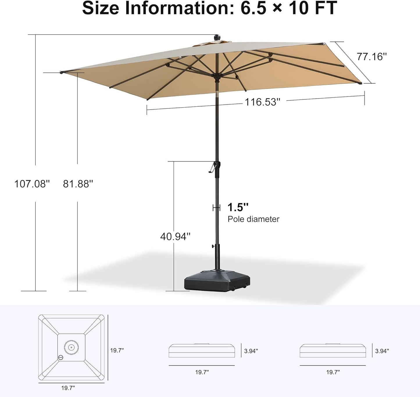 PURPLE LEAF 10' x 6.5' Rectangle Patio Market Umbrella with Base Outdoor Table Umbrellas Aluminum Frame Sun Shade with 8 Sturdy Ribs Tilt for Garden Deck Lawn Pool Beige