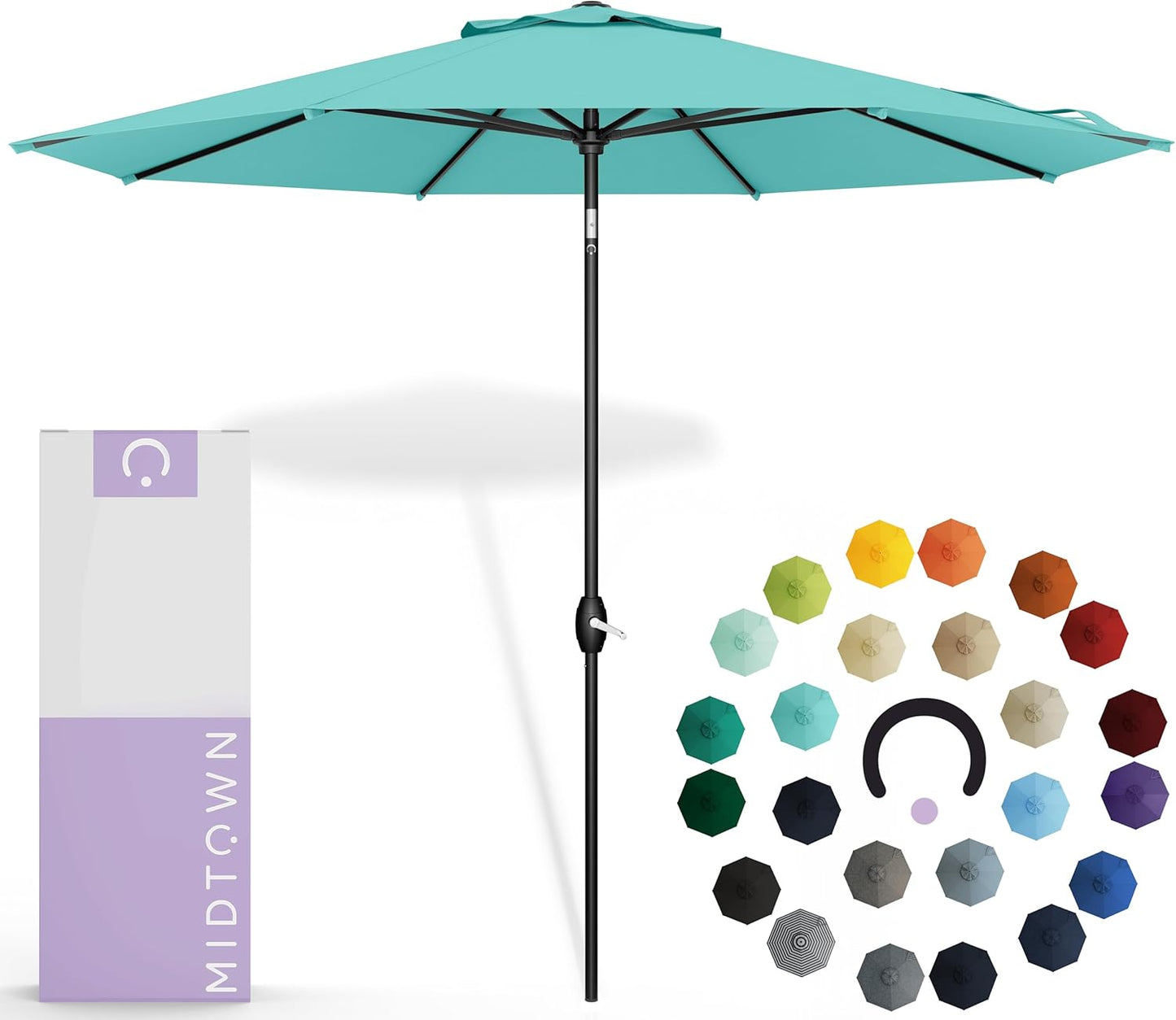 Midtown Umbrellas Sunbrella Umbrella 10 Feet Large Outdoor Umbrella With Sunbrella Canvas Navy Fabric - Auto-Tilt Aluminum Frame Large Patio Umbrella For Backyard, Deck, Garden, Pool - Black Pole