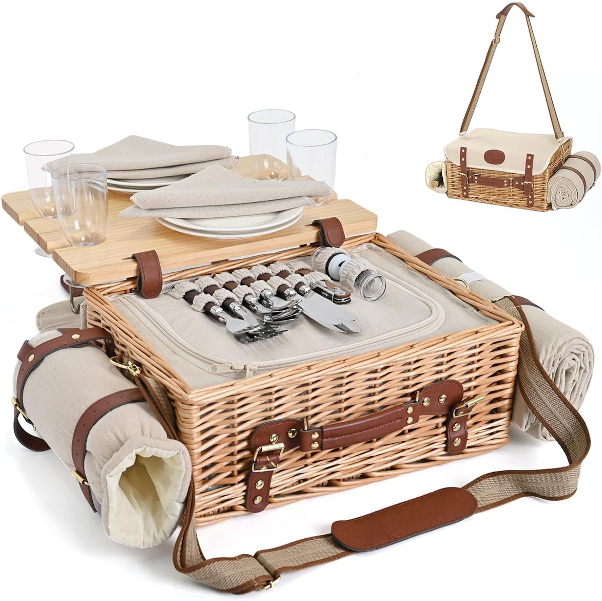 Multifunctional Wicker Picnic Basket Set for 4 with Blanket and Picnic Table, Insulated Picnic Set with Full Tablewares for Camping Outdoor Couples, Flowers