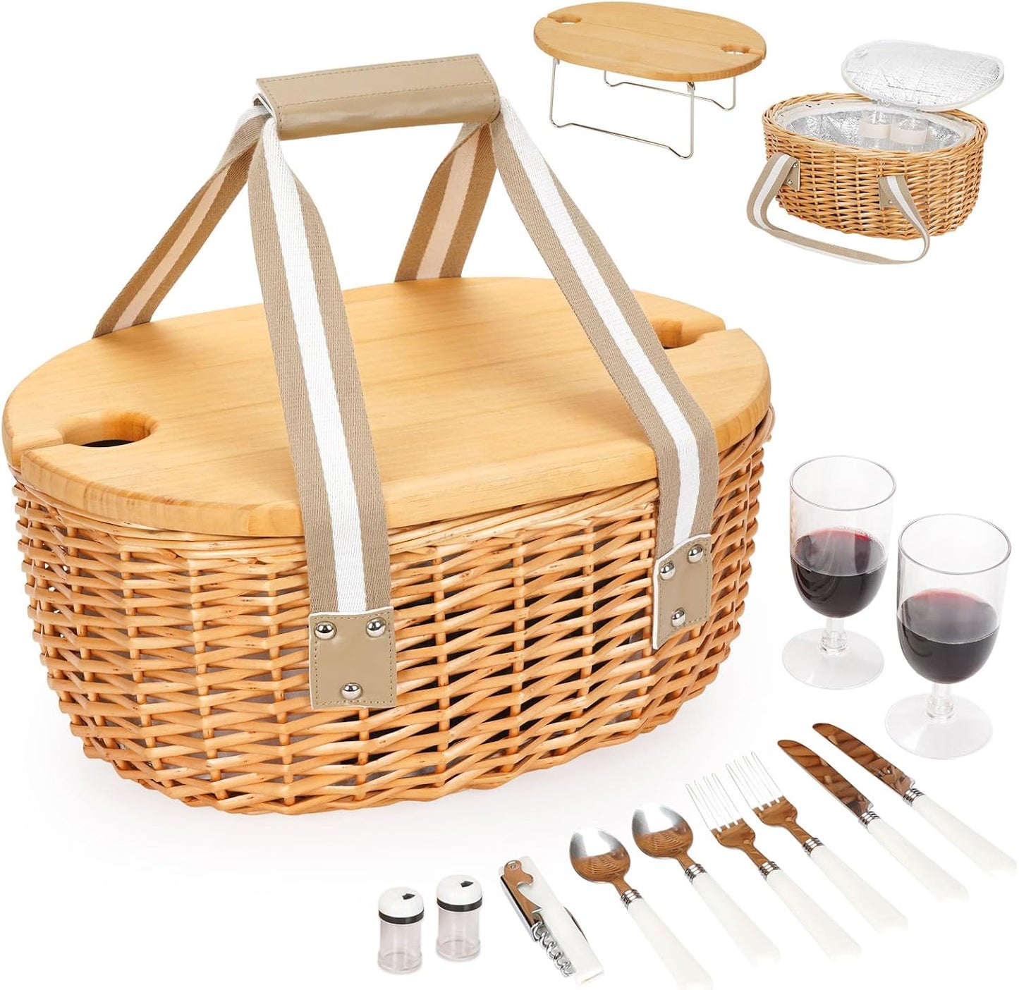 STBoo Picnic Basket for 2 - Wicker Basket Set with Wine Table | Handmade Willow Basket with Insulated Cooler Bag for Outdoor Camping, Great Gifts for Wedding, Birthday (Beige)