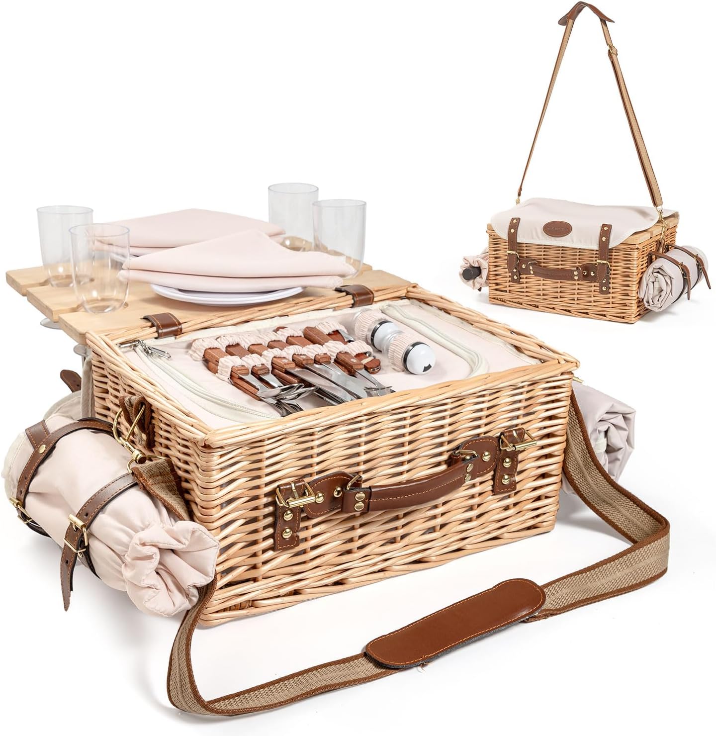 Large Wicker Picnic Basket Kit Set for 2 Adults with Blanket Family Folding Wine Table,Insulated Portable Extra Big Storage Capacity Natural Woven Rattan Canasta De Full Tablewares Camping Outdoor