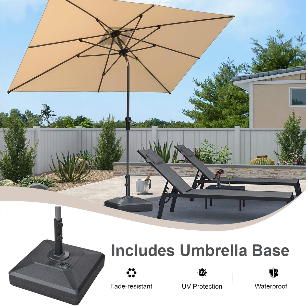 PURPLE LEAF 10' x 6.5' Rectangle Patio Market Umbrella with Base Outdoor Table Umbrellas Aluminum Frame Sun Shade with 8 Sturdy Ribs Tilt for Garden Deck Lawn Pool Beige