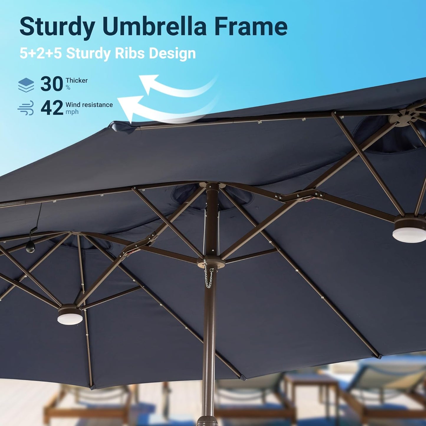 HOOOWOOO Outdoor Patio Umbrella With Solar Light,15 Ft Large Beach Umbrella,UV Protection Picnic Market Parasol Sunshade W Base Crank Handle For Backyard Deck Pool Shade