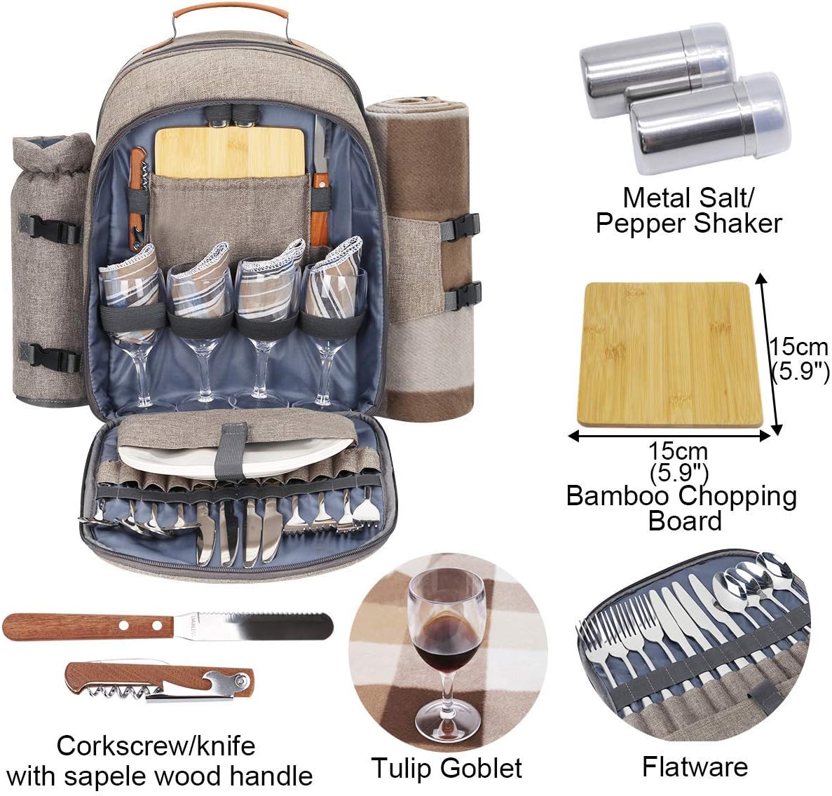 Sunflora Picnic Backpack for 4 Person with Blanket Picnic Basket Set for 2 with Insulated Cooler Wine Pouch for Family Couples (Brush Beige)