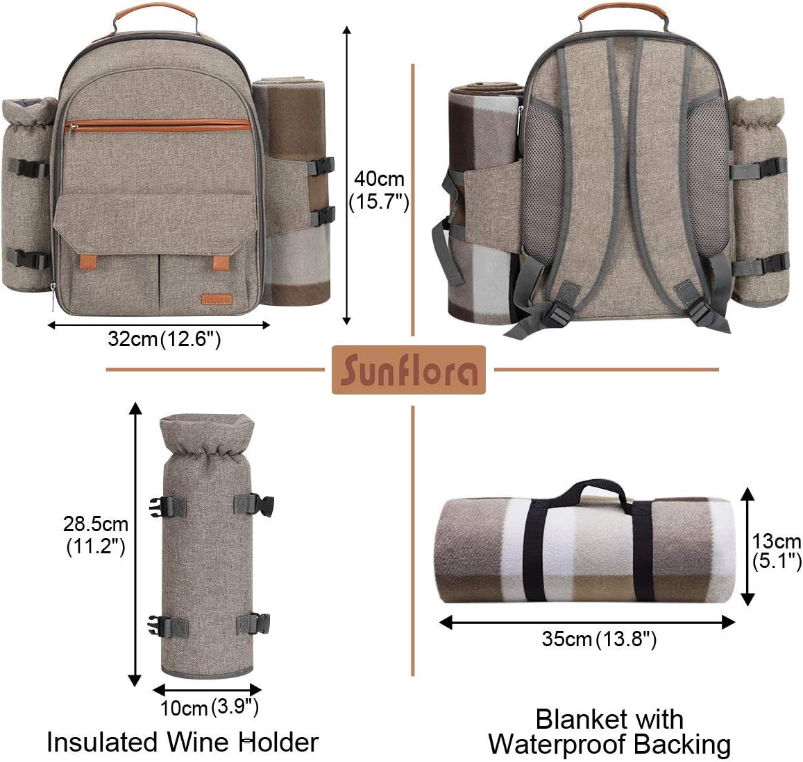 Sunflora Picnic Backpack for 4 Person with Blanket Picnic Basket Set for 2 with Insulated Cooler Wine Pouch for Family Couples (Brush Beige)