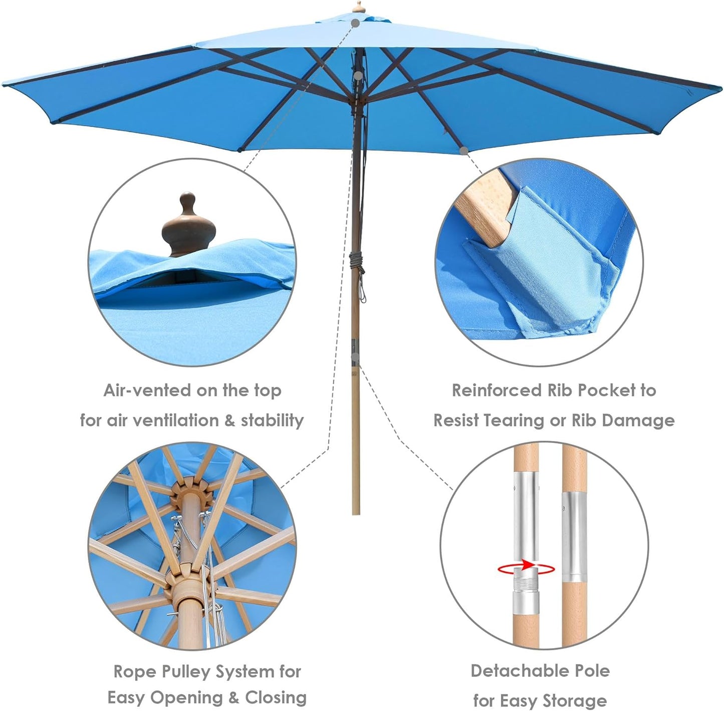 Yescom Solid Wooden Outdoor Patio Umbrella for Market Garden Yard Beach for Sand Deck Cafe Bistro Table Poolside Wedding Party Hotel Sunshade