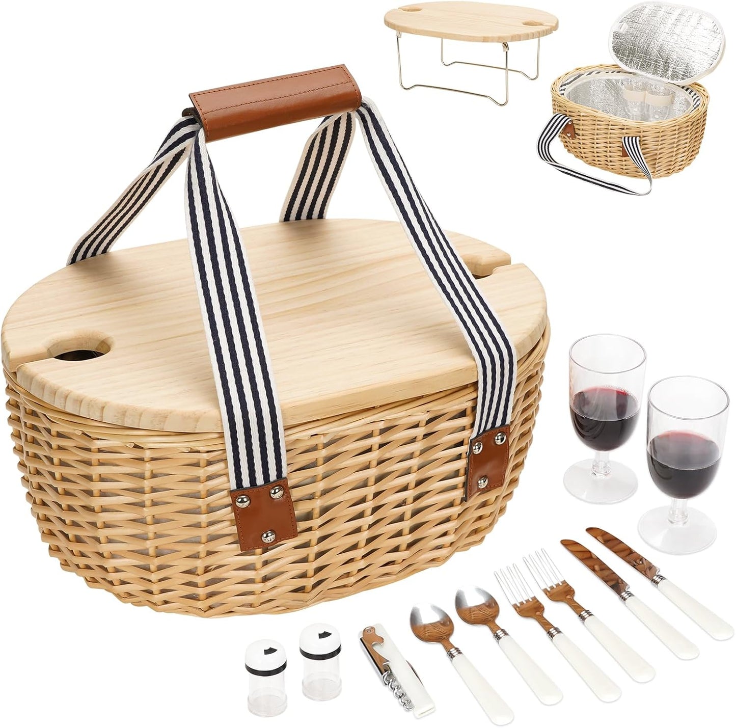 STBoo Picnic Basket for 2 - Wicker Basket Set with Wine Table | Handmade Willow Basket with Insulated Cooler Bag for Outdoor Camping, Great Gifts for Wedding, Birthday (Beige)
