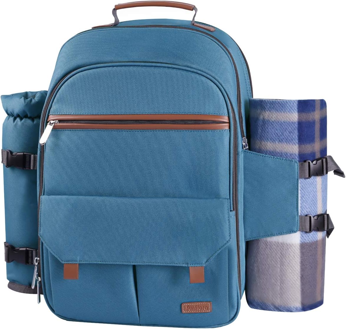 Sunflora Picnic Backpack for 4 Person with Blanket Picnic Basket Set for 2 with Insulated Cooler Wine Pouch for Family Couples (Brush Beige)