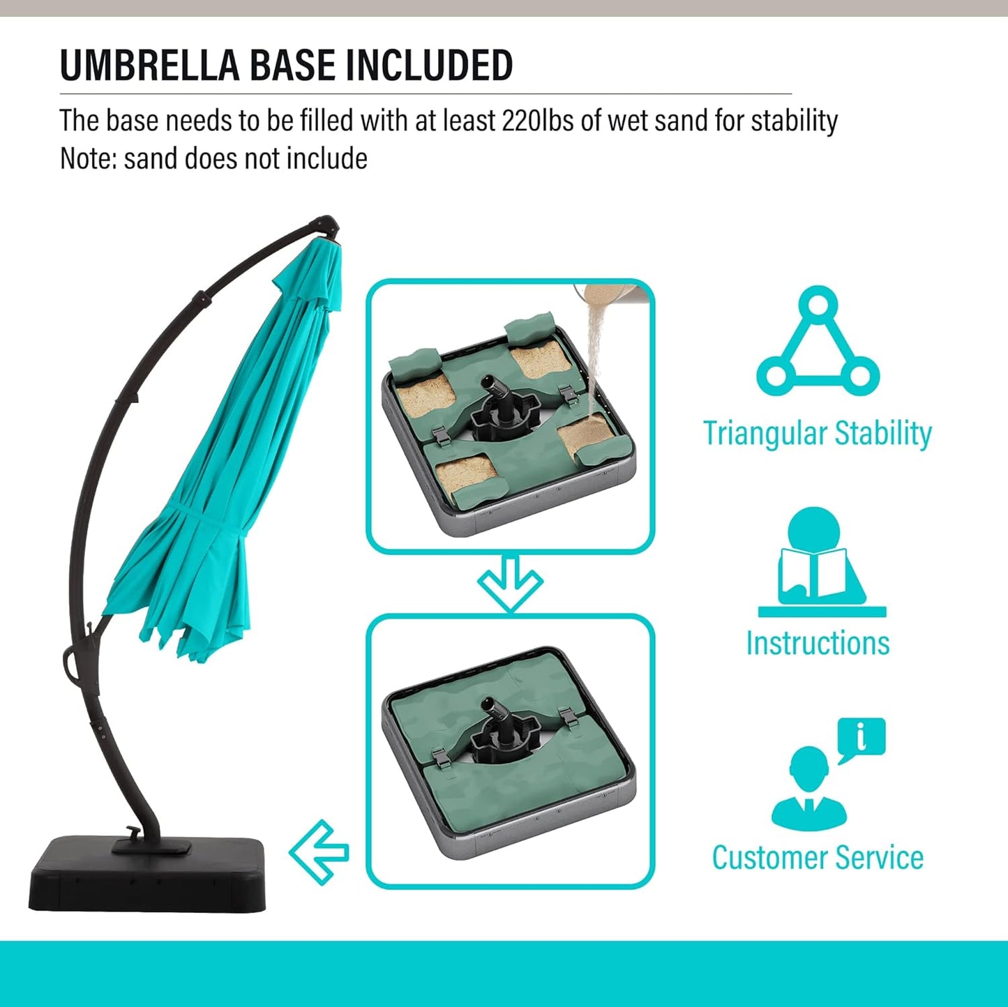 LAUSAINT HOME Deluxe Curvy Patio Umbrella with Base Included, 11ft Large Cantilever Offset Hanging Umbrella Sun Shade with 360° Rotation for Pool, Deck, Lawn, Aluminum (Turquoise Blue)