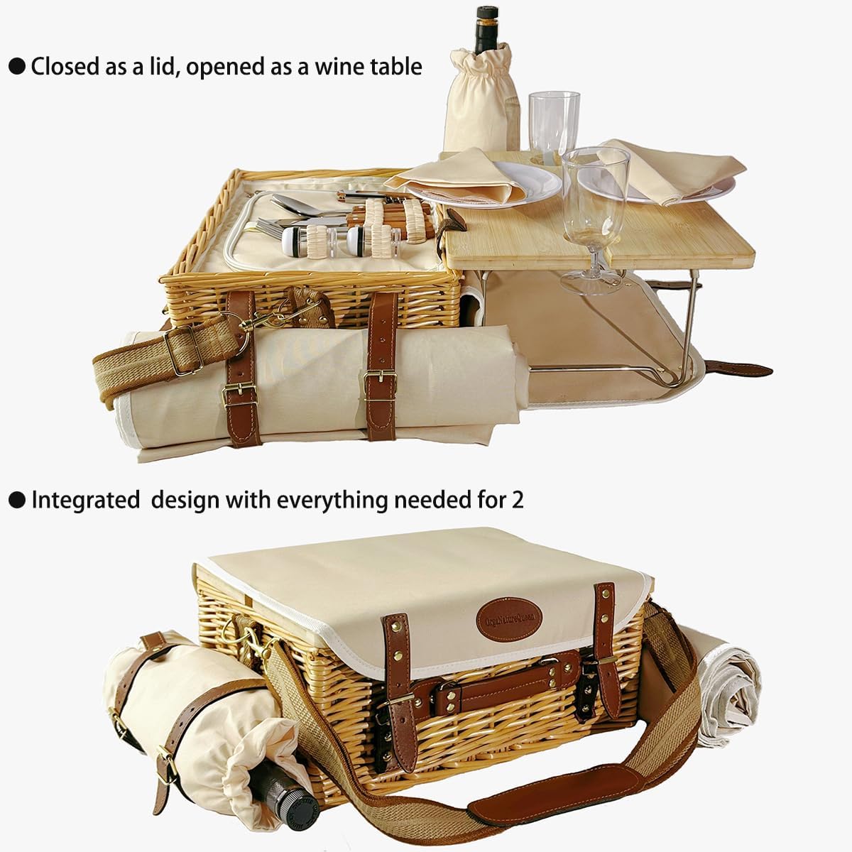 Large Wicker Picnic Basket Kit Set for 2 Adults with Blanket Family Folding Wine Table,Insulated Portable Extra Big Storage Capacity Natural Woven Rattan Canasta De Full Tablewares Camping Outdoor
