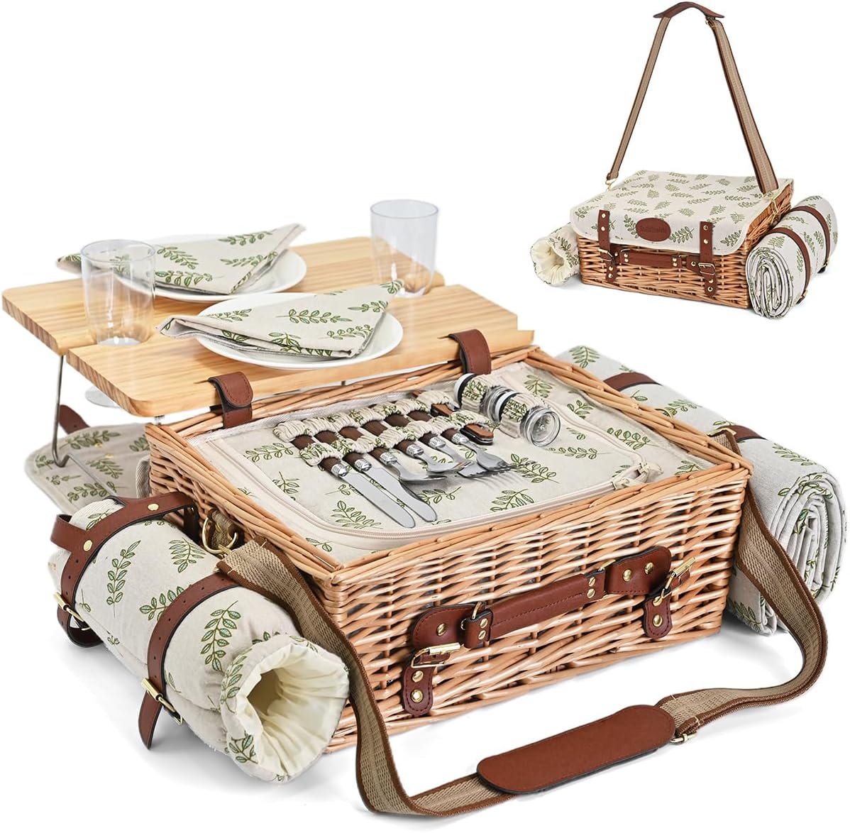 Multifunctional Wicker Picnic Basket Set for 4 with Blanket and Picnic Table, Insulated Picnic Set with Full Tablewares for Camping Outdoor Couples, Flowers