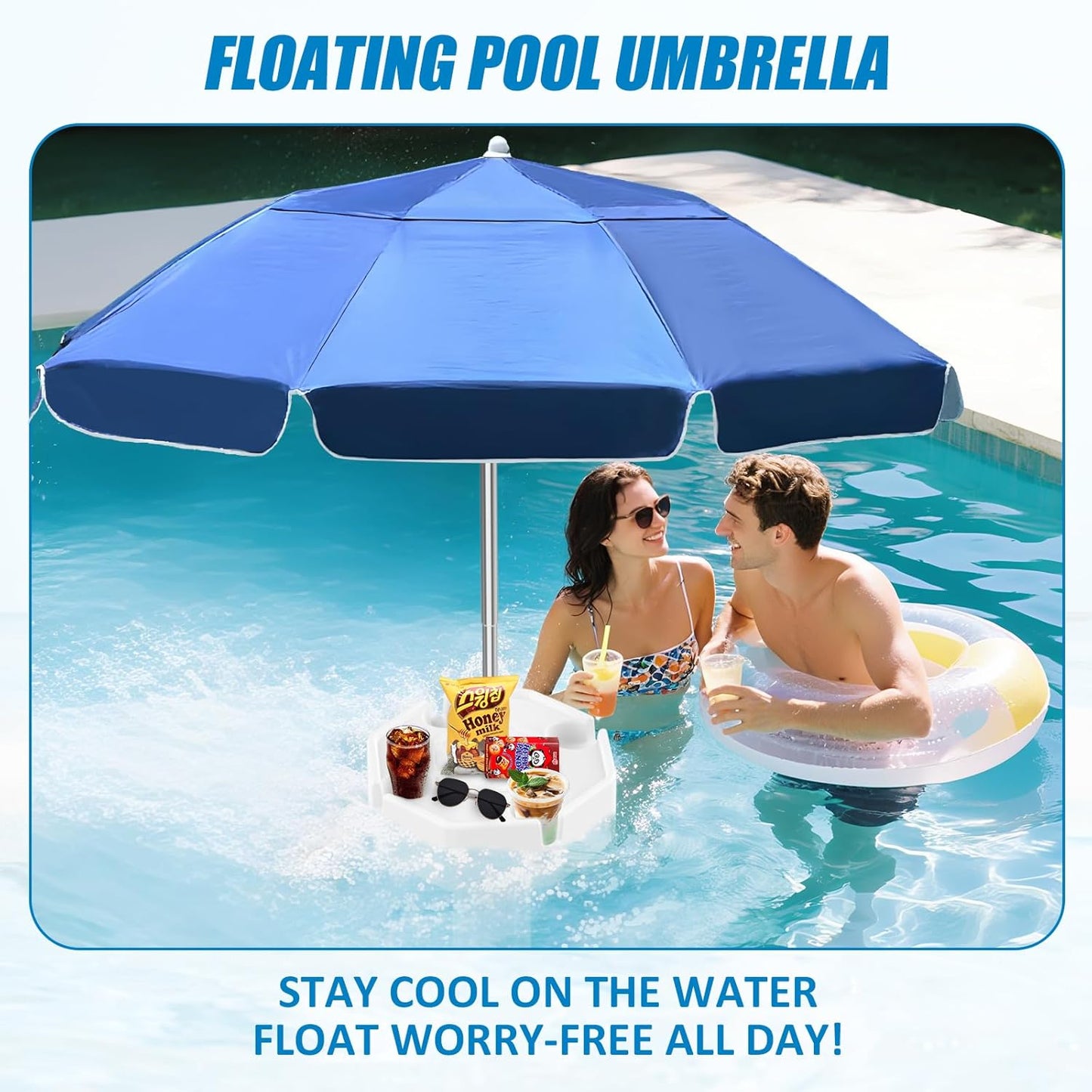 Floating Pool Umbrella,Outdoor Pool Sunshade Umbrella for Inside of Pool,Portable floating table with Drink Holders,No-Tool Setup for Swimming Pools, Beach & Lakes