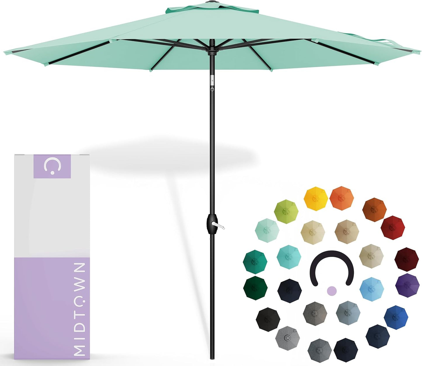 Midtown Umbrellas Sunbrella Umbrella 10 Feet Large Outdoor Umbrella With Sunbrella Canvas Navy Fabric - Auto-Tilt Aluminum Frame Large Patio Umbrella For Backyard, Deck, Garden, Pool - Black Pole