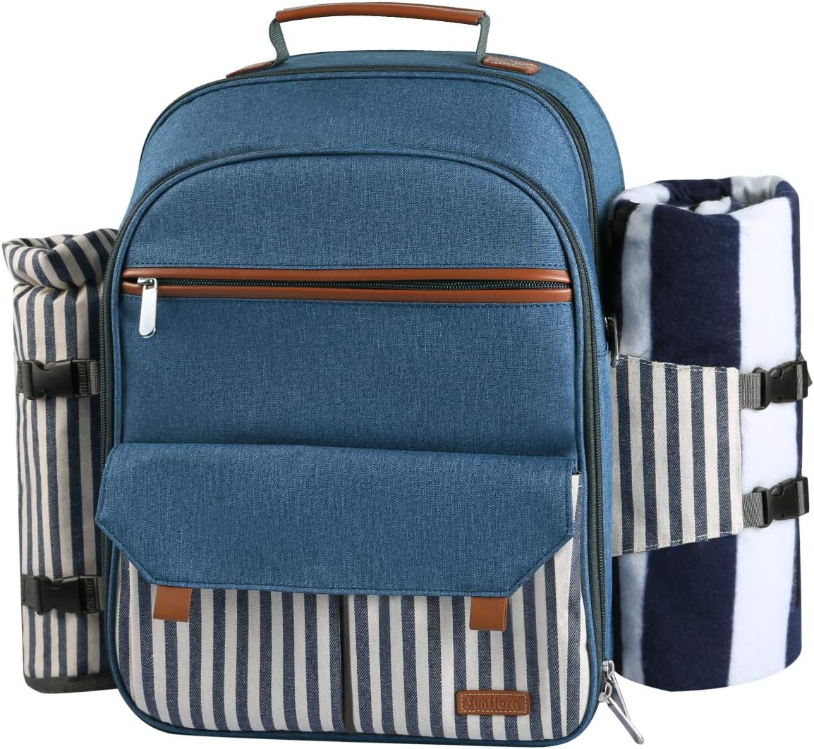 Sunflora Picnic Backpack for 4 Person with Blanket Picnic Basket Set for 2 with Insulated Cooler Wine Pouch for Family Couples (Brush Beige)