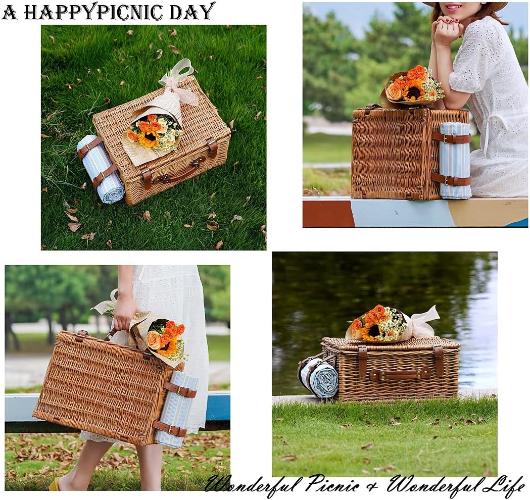 HappyPicnic Wicker Picnic Basket Set for 4 Persons | Large Willow Hamper with Large Insulated Cooler Compartment, Waterproof Blanket and Cutlery Service Kit-Classical Brown