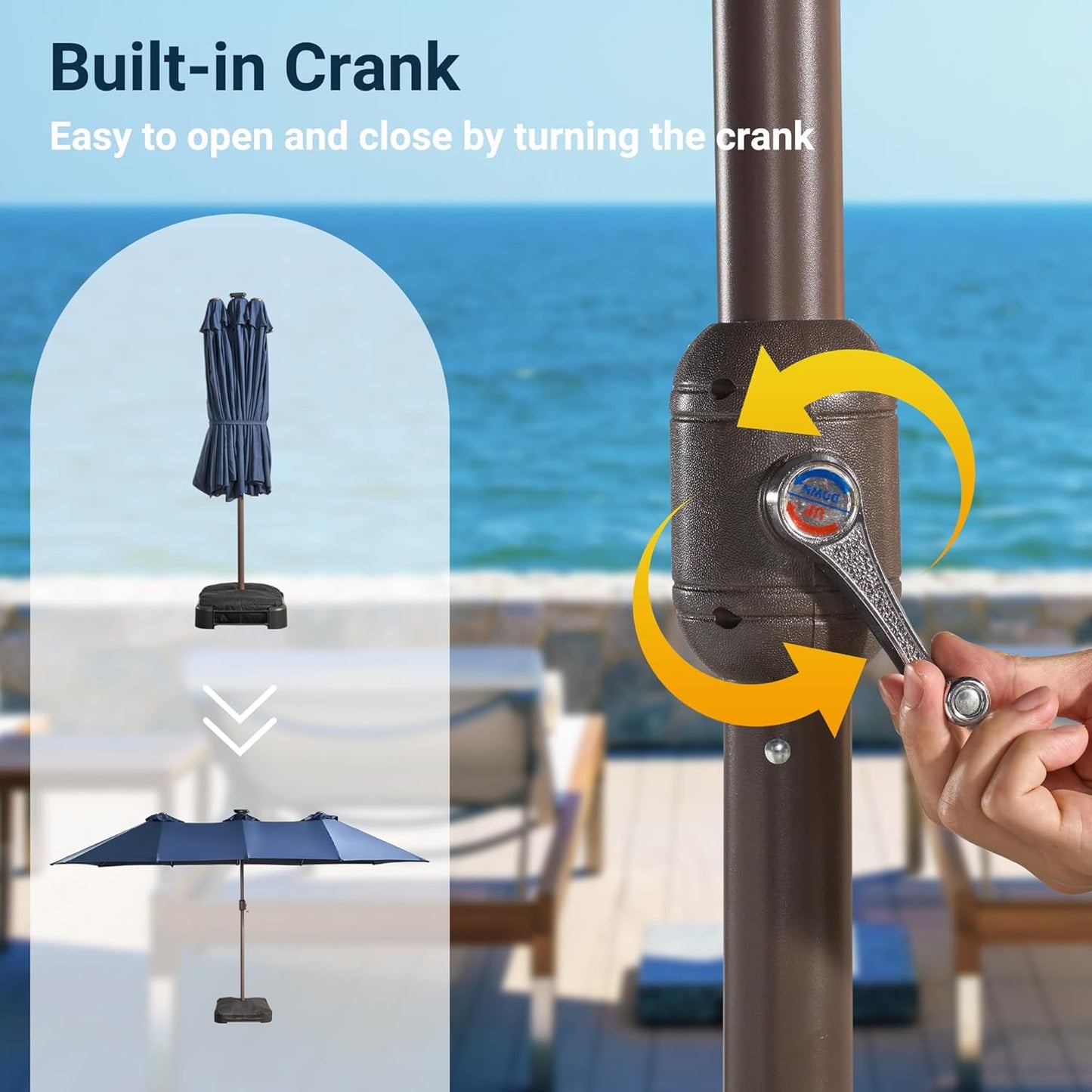 HOOOWOOO Outdoor Patio Umbrella With Solar Light,15 Ft Large Beach Umbrella,UV Protection Picnic Market Parasol Sunshade W Base Crank Handle For Backyard Deck Pool Shade