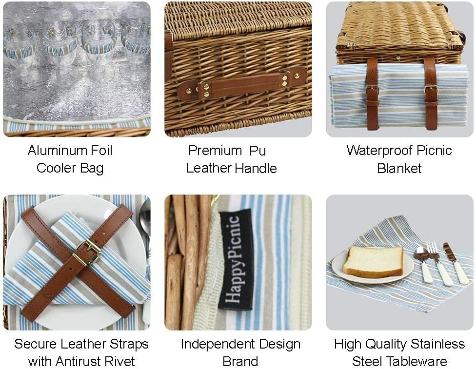 HappyPicnic Wicker Picnic Basket Set for 4 Persons | Large Willow Hamper with Large Insulated Cooler Compartment, Waterproof Blanket and Cutlery Service Kit-Classical Brown