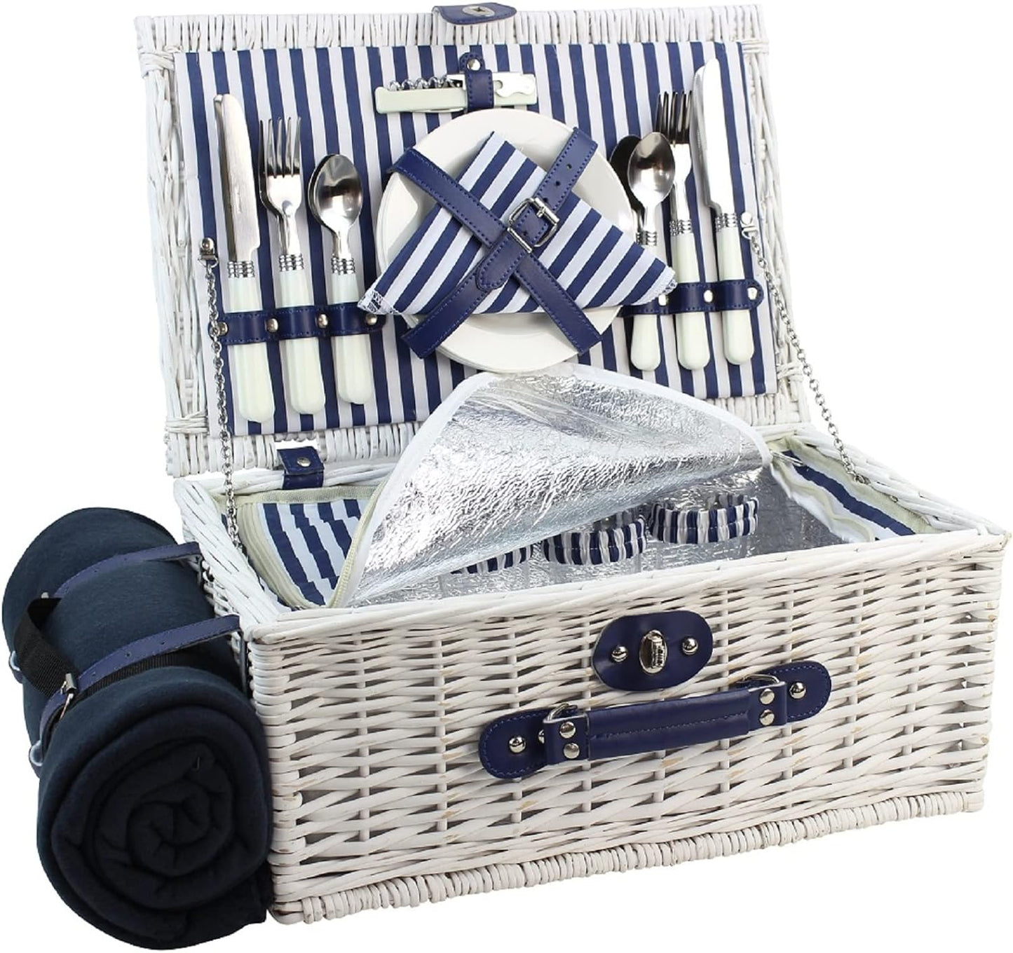 HappyPicnic Wicker Picnic Basket Set for 4 Persons | Large Willow Hamper with Large Insulated Cooler Compartment, Waterproof Blanket and Cutlery Service Kit-Classical Brown