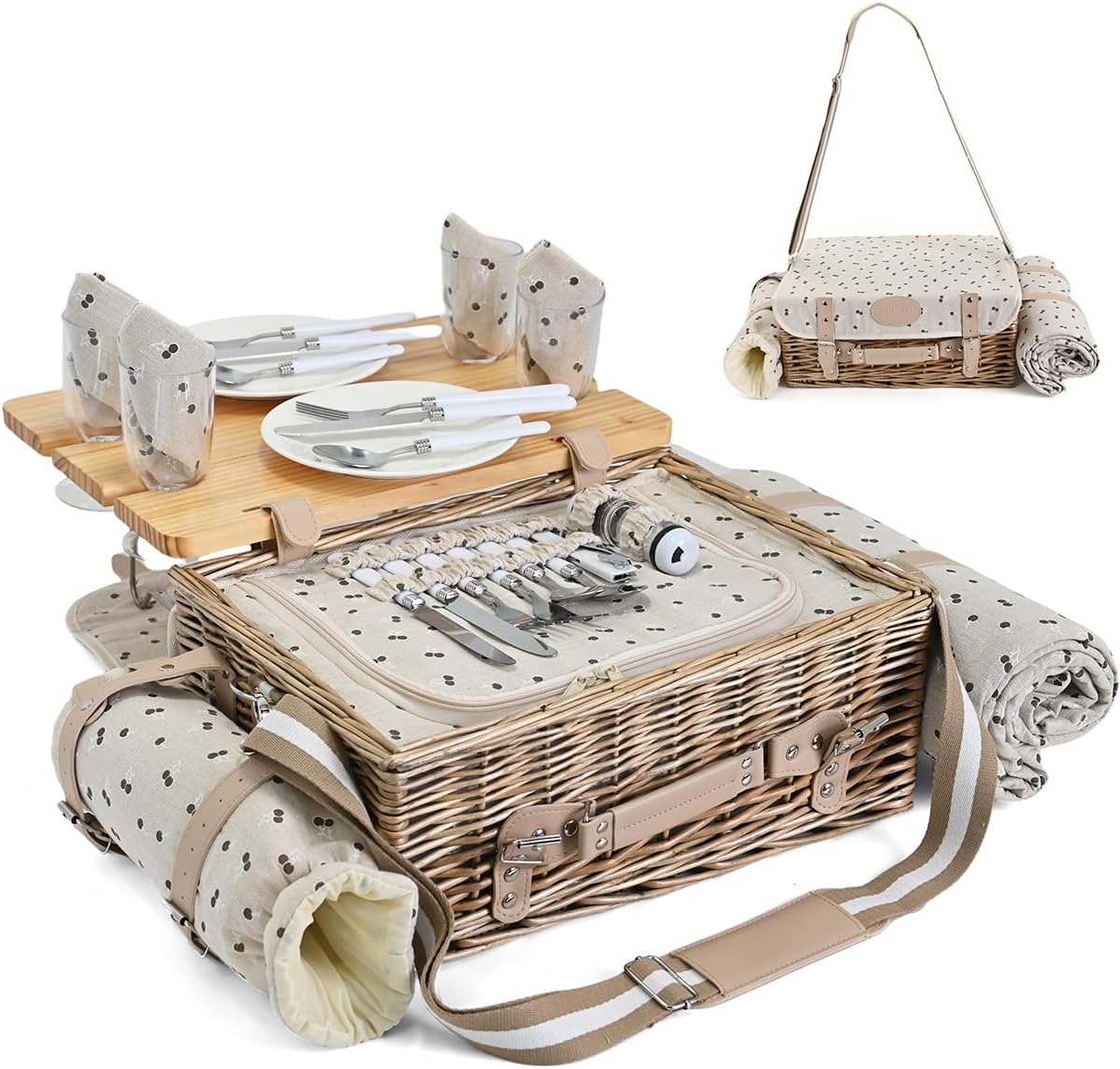 Multifunctional Wicker Picnic Basket Set for 4 with Blanket and Picnic Table, Insulated Picnic Set with Full Tablewares for Camping Outdoor Couples, Flowers