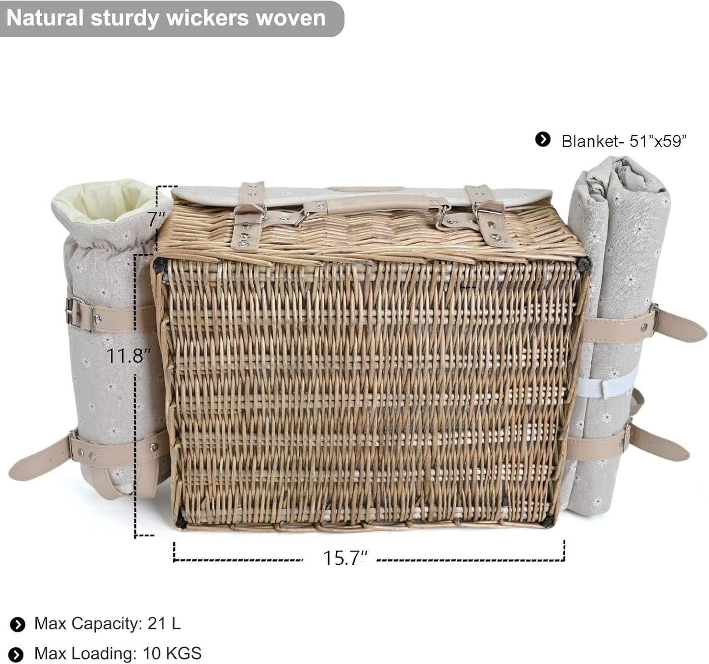 Multifunctional Wicker Picnic Basket Set for 4 with Blanket and Picnic Table, Insulated Picnic Set with Full Tablewares for Camping Outdoor Couples, Flowers