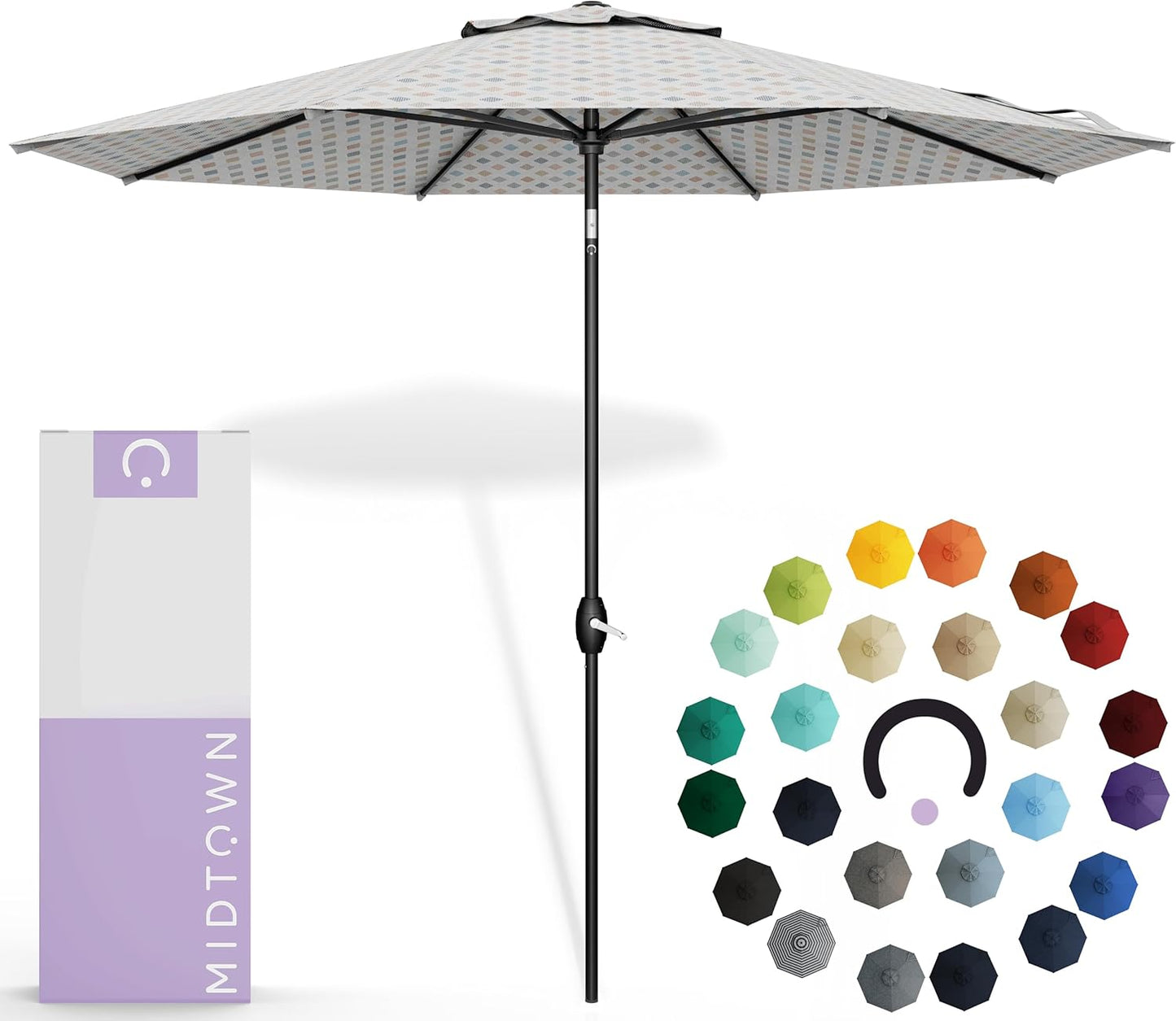 Midtown Umbrellas Sunbrella Umbrella 10 Feet Large Outdoor Umbrella With Sunbrella Canvas Navy Fabric - Auto-Tilt Aluminum Frame Large Patio Umbrella For Backyard, Deck, Garden, Pool - Black Pole