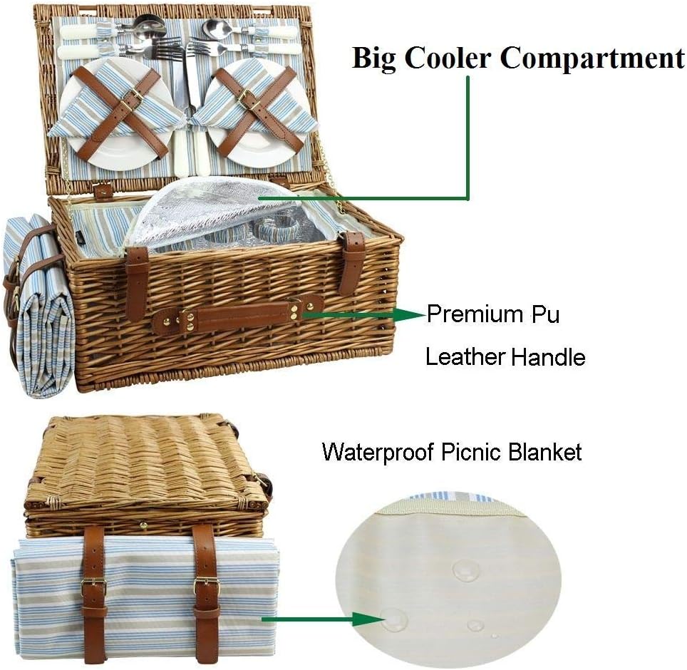 HappyPicnic Wicker Picnic Basket Set for 4 Persons | Large Willow Hamper with Large Insulated Cooler Compartment, Waterproof Blanket and Cutlery Service Kit-Classical Brown