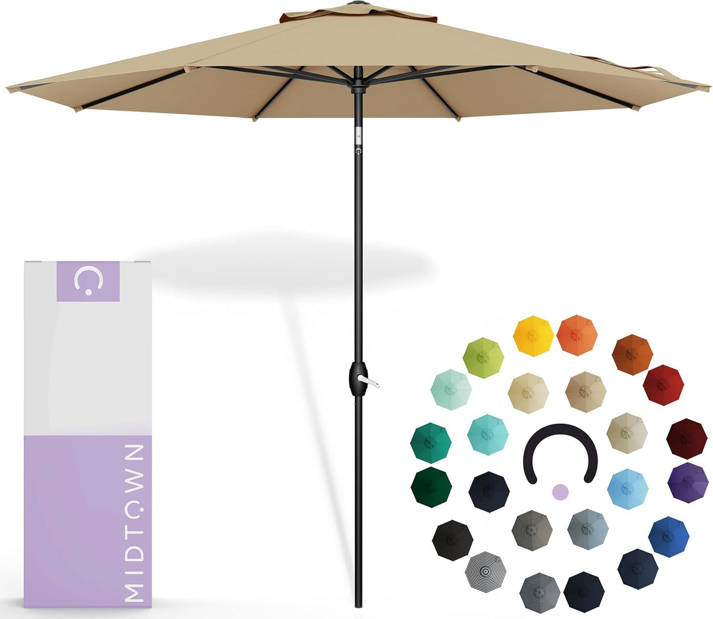 Midtown Umbrellas Sunbrella Umbrella 10 Feet Large Outdoor Umbrella With Sunbrella Canvas Navy Fabric - Auto-Tilt Aluminum Frame Large Patio Umbrella For Backyard, Deck, Garden, Pool - Black Pole