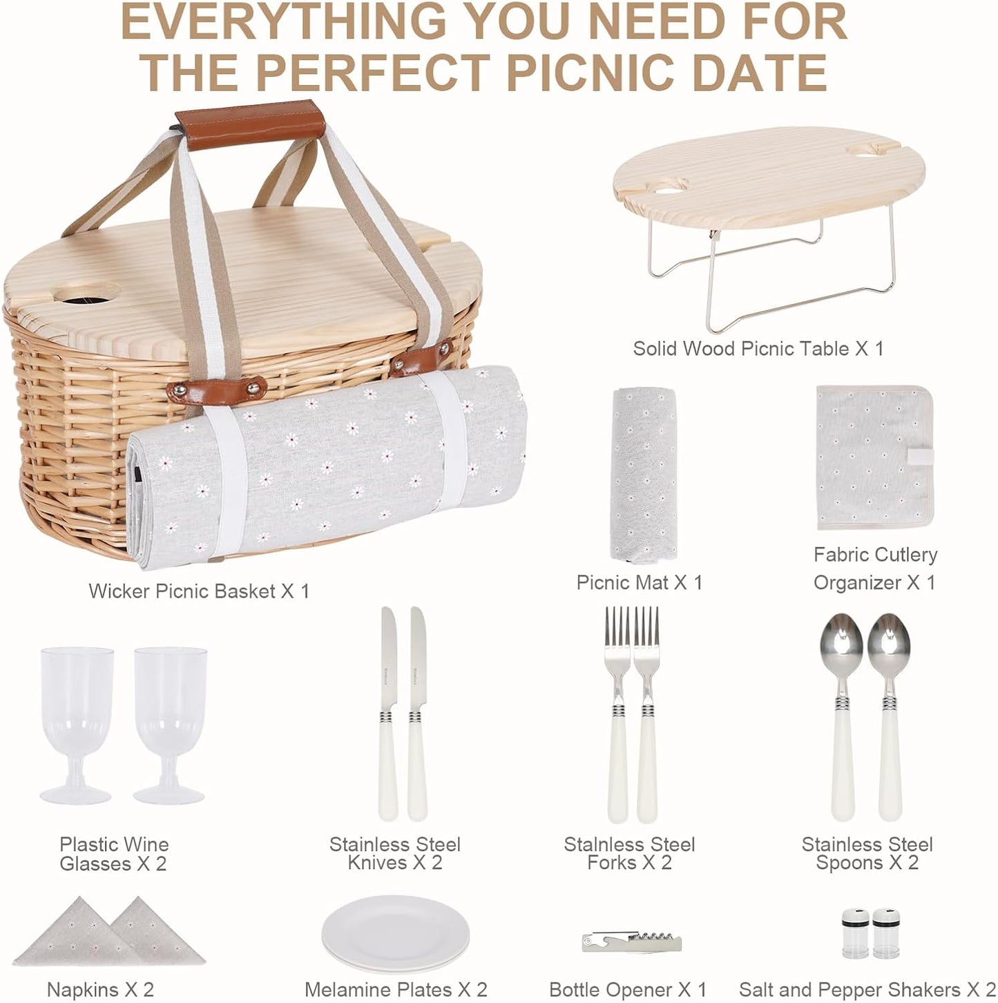 Picnic Basket Set for 2 - Wicker Insulated Picnic Basket with Waterproof Blanket, Folding Wine Picnic Table & Cutlery Kits, Picnic Baskets Kit for Camping, Outdoor, Valentine (White Flower)