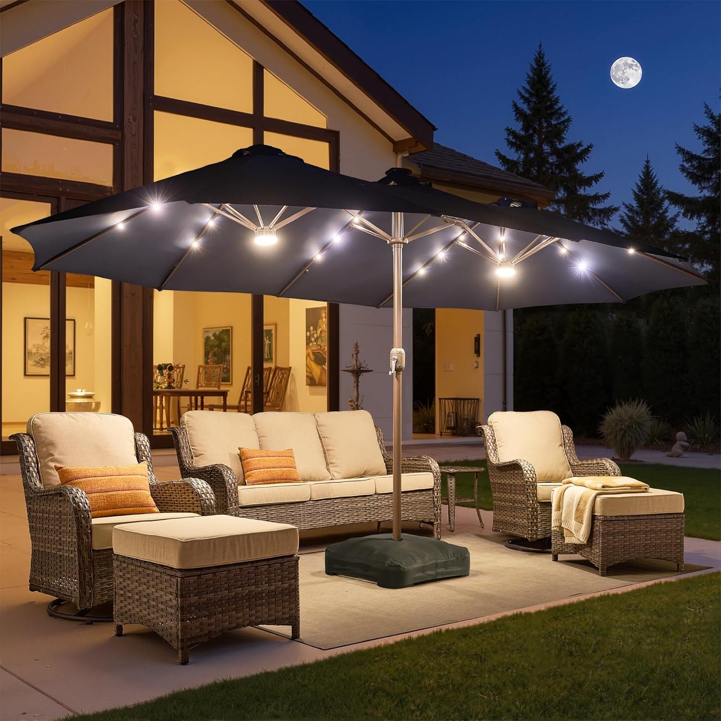 HOOOWOOO Outdoor Patio Umbrella With Solar Light,15 Ft Large Beach Umbrella,UV Protection Picnic Market Parasol Sunshade W Base Crank Handle For Backyard Deck Pool Shade