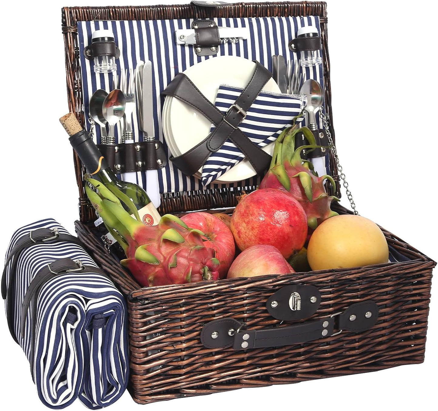 Picnic Basket for 4 Persons with Waterproof Picnic Blanket and Insulated Cooler, Large Wicker Picnic Basket for Camping, Outdoors, Valentine's Day, Christmas, Birthday, Wedding Gift