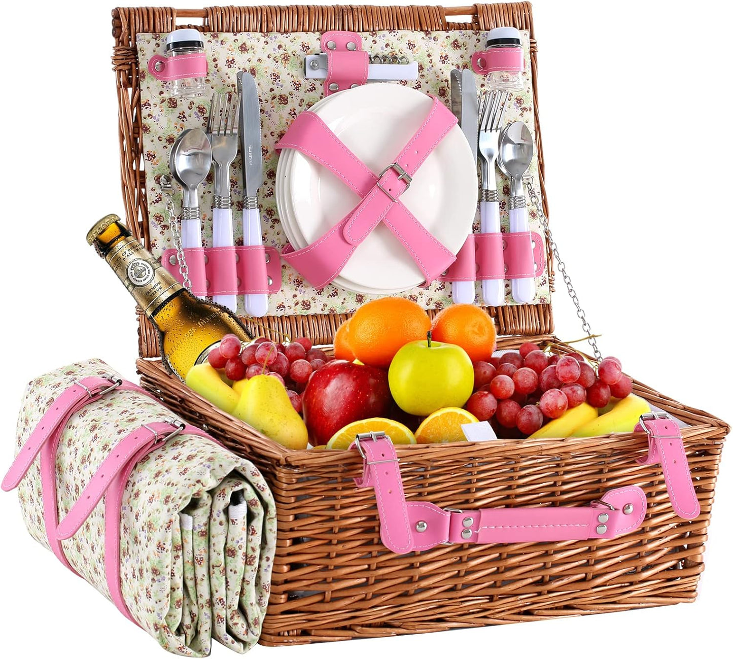 Picnic Basket for 4 Persons with Waterproof Picnic Blanket and Insulated Cooler, Large Wicker Picnic Basket for Camping, Outdoors, Valentine's Day, Christmas, Birthday, Wedding Gift