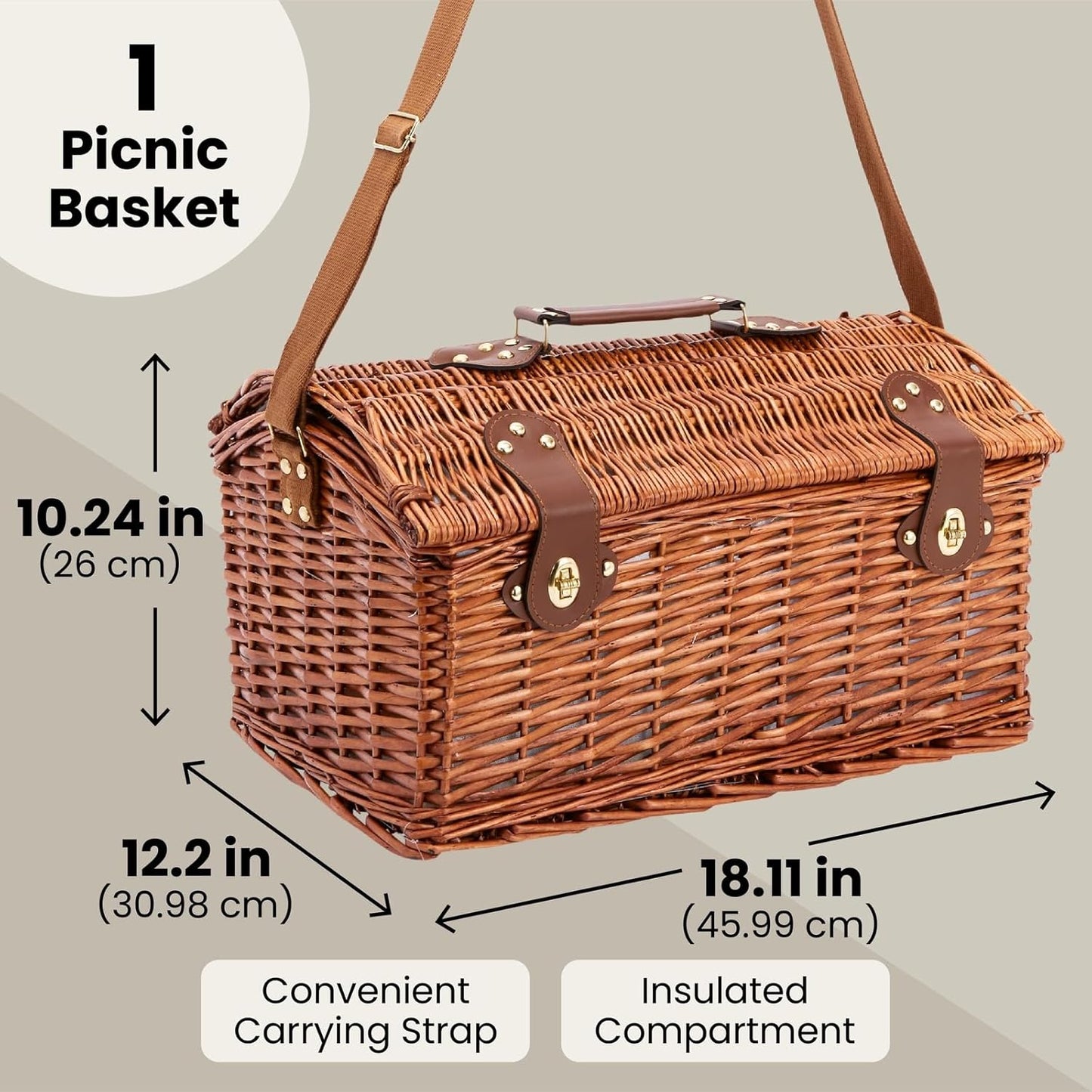 Juvale Picnic Basket for 4 People - 18.1 x 12.2 x 10.2 Inches, Brown, Classic - Complete Wicker Picnic Basket Set with Cooler Bag, Dishes, Utensils & Glasses
