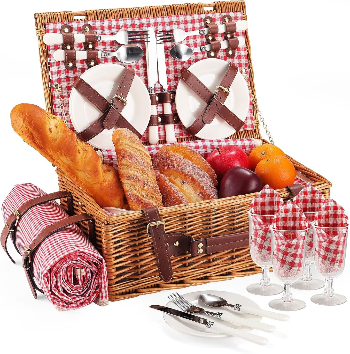 Picnic Basket for 4 Persons with Waterproof Picnic Blanket and Insulated Cooler, Large Wicker Picnic Basket for Camping, Outdoors, Valentine's Day, Christmas, Birthday, Wedding Gift