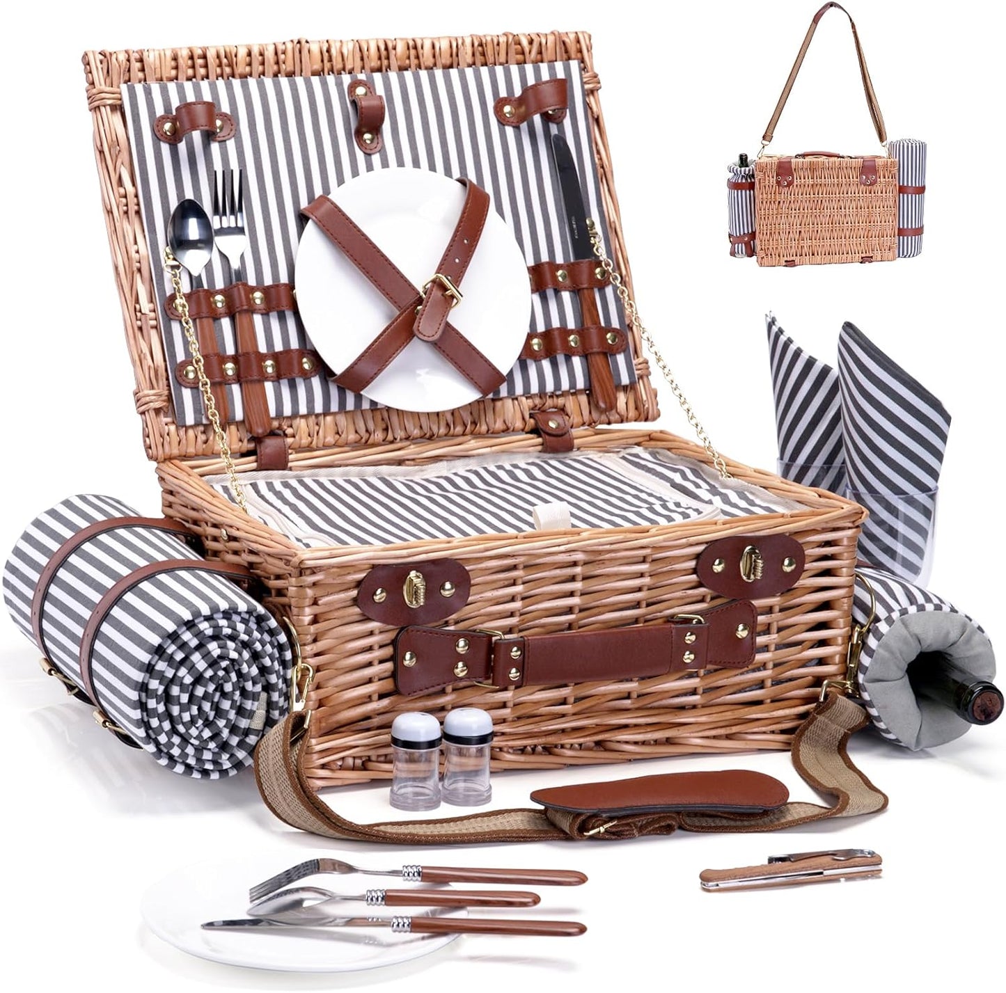 Multifunctional Wicker Picnic Basket Set for 4 with Blanket and Picnic Table, Insulated Picnic Set with Full Tablewares for Camping Outdoor Couples, Flowers