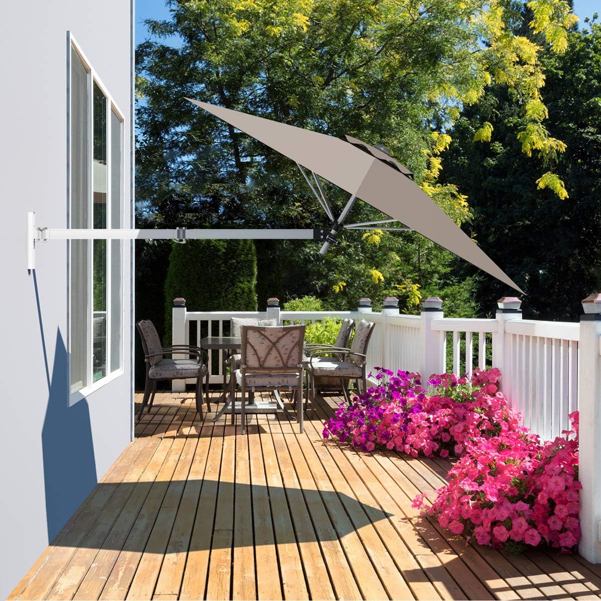 Tangkula 8 FT Wall Mounted Patio Umbrella, Outdoor Wall Umbrella with Adjustable Pole, Tilting Sunshade Umbrella with Wind Vent, Ideal for Garden Balcony Yard (Tan)