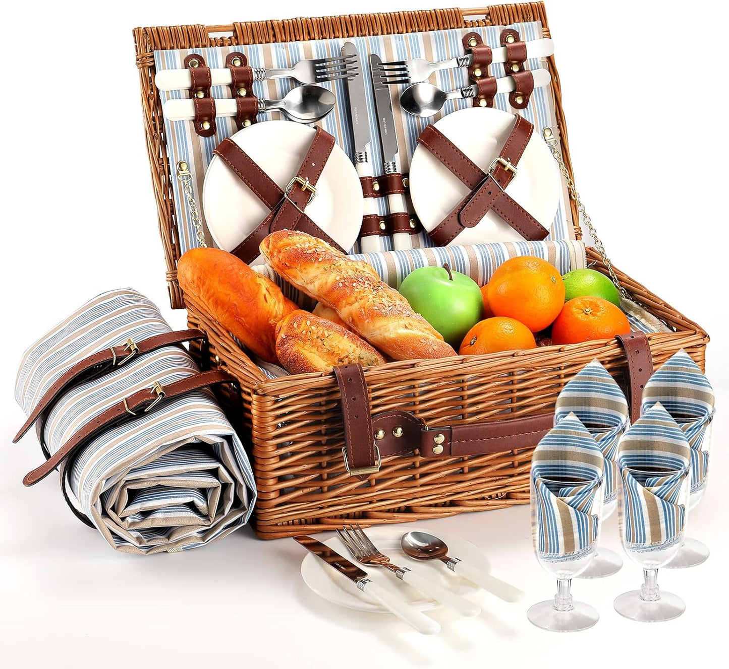 Picnic Basket for 4 Persons with Waterproof Picnic Blanket and Insulated Cooler, Large Wicker Picnic Basket for Camping, Outdoors, Valentine's Day, Christmas, Birthday, Wedding Gift