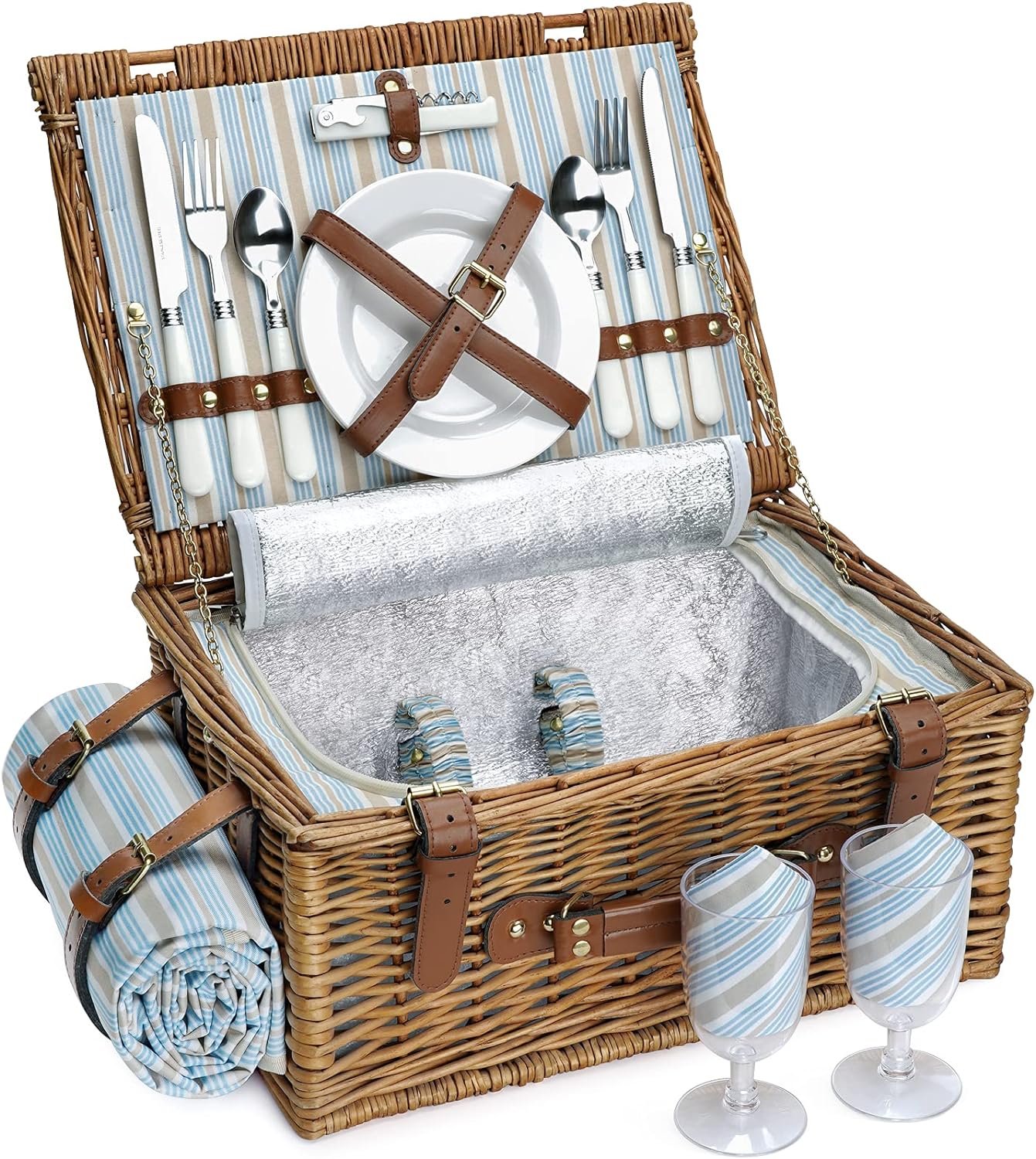 HappyPicnic Wicker Picnic Basket Set for 4 Persons | Large Willow Hamper with Large Insulated Cooler Compartment, Waterproof Blanket and Cutlery Service Kit-Classical Brown