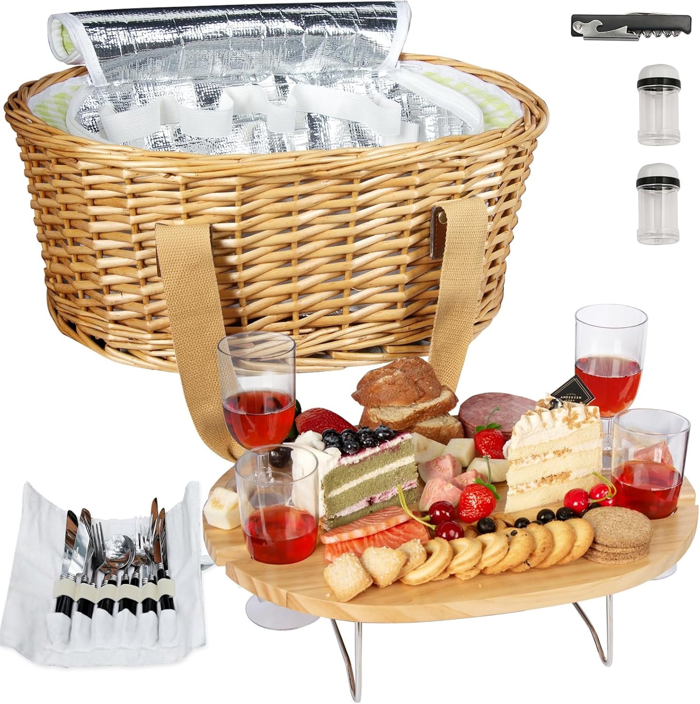 Hap Tim Wicker Picnic Basket Set for 2 with Mini Folding Wine Picnic Table & Large Insulated Cooler Bag & Cutlery Service Kits for 2 Person, Couples Gifts, Wedding Gifts (Y2209-2-CM)