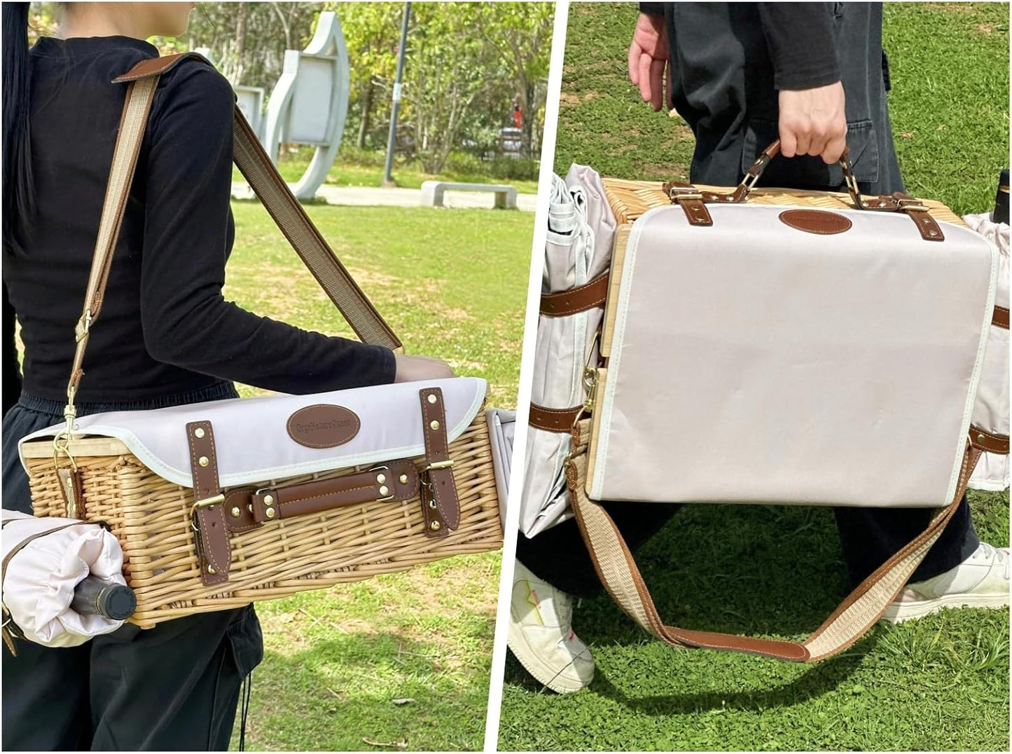 Large Wicker Picnic Basket Kit Set for 2 Adults with Blanket Family Folding Wine Table,Insulated Portable Extra Big Storage Capacity Natural Woven Rattan Canasta De Full Tablewares Camping Outdoor
