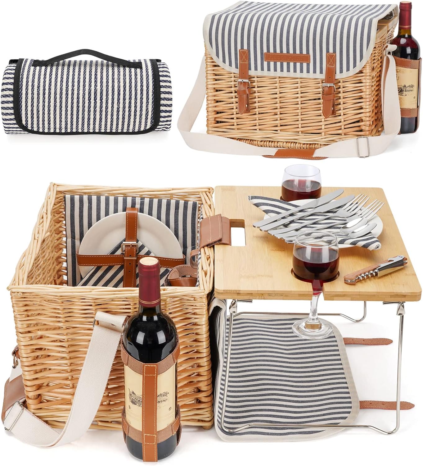 Wicker Picnic Basket for 4, 4 Person Picnic Kit, Willow Hamper Service Gift Set with Blanket Portable Bamboo Wine Snack Table for Camping and Outdoor Party