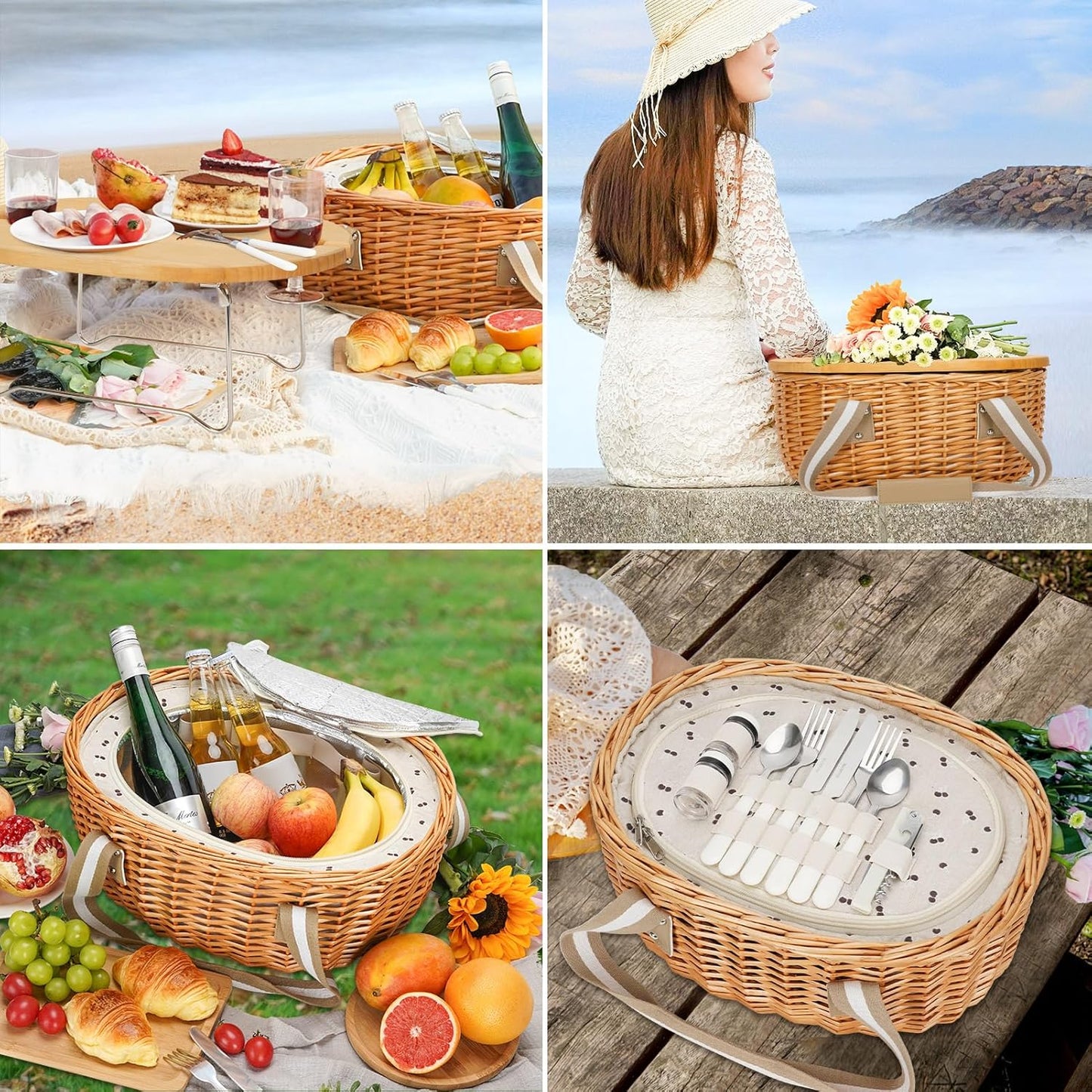 STBoo Picnic Basket for 2 - Wicker Basket Set with Wine Table | Handmade Willow Basket with Insulated Cooler Bag for Outdoor Camping, Great Gifts for Wedding, Birthday (Beige)