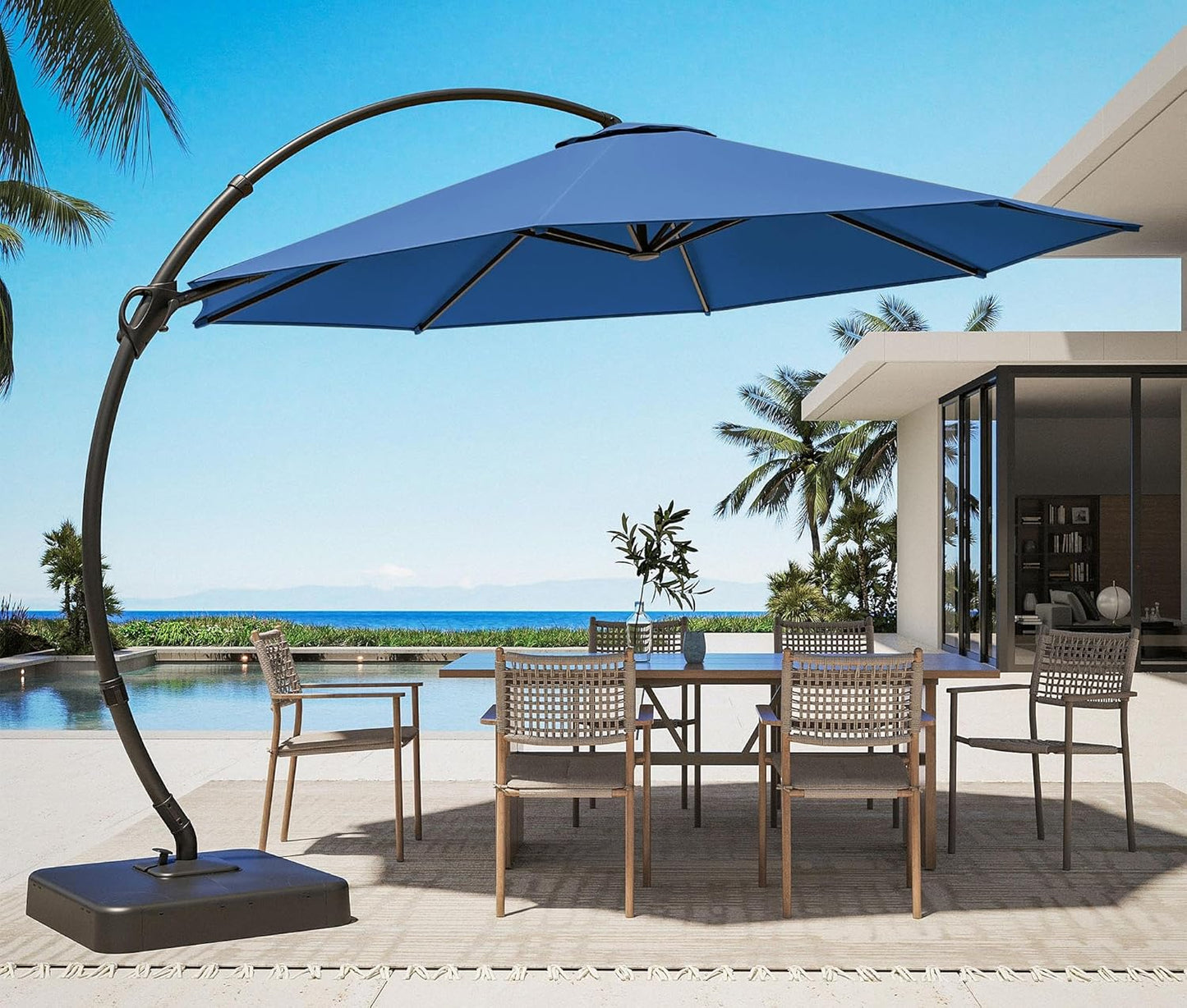 LAUSAINT HOME Deluxe Curvy Patio Umbrella with Base Included, 11ft Large Cantilever Offset Hanging Umbrella Sun Shade with 360° Rotation for Pool, Deck, Lawn, Aluminum (Turquoise Blue)