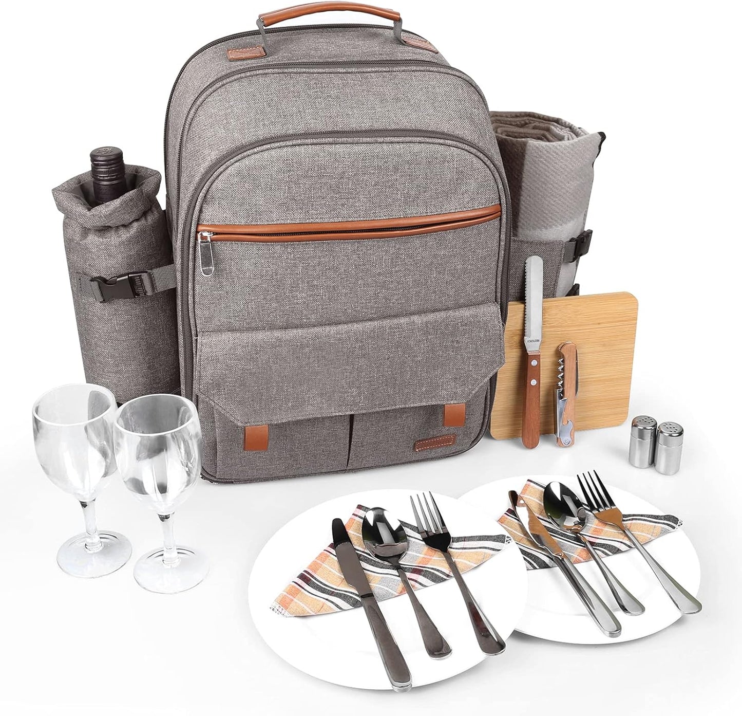 Sunflora Picnic Backpack for 4 Person with Blanket Picnic Basket Set for 2 with Insulated Cooler Wine Pouch for Family Couples (Brush Beige)