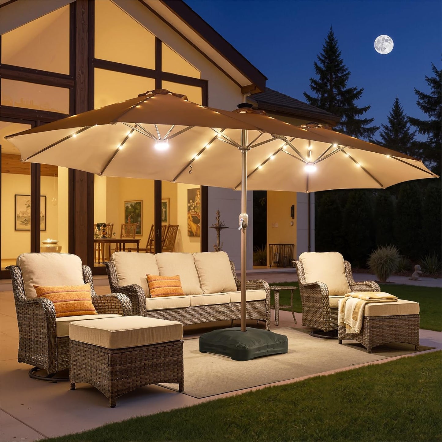 HOOOWOOO Outdoor Patio Umbrella With Solar Light,15 Ft Large Beach Umbrella,UV Protection Picnic Market Parasol Sunshade W Base Crank Handle For Backyard Deck Pool Shade