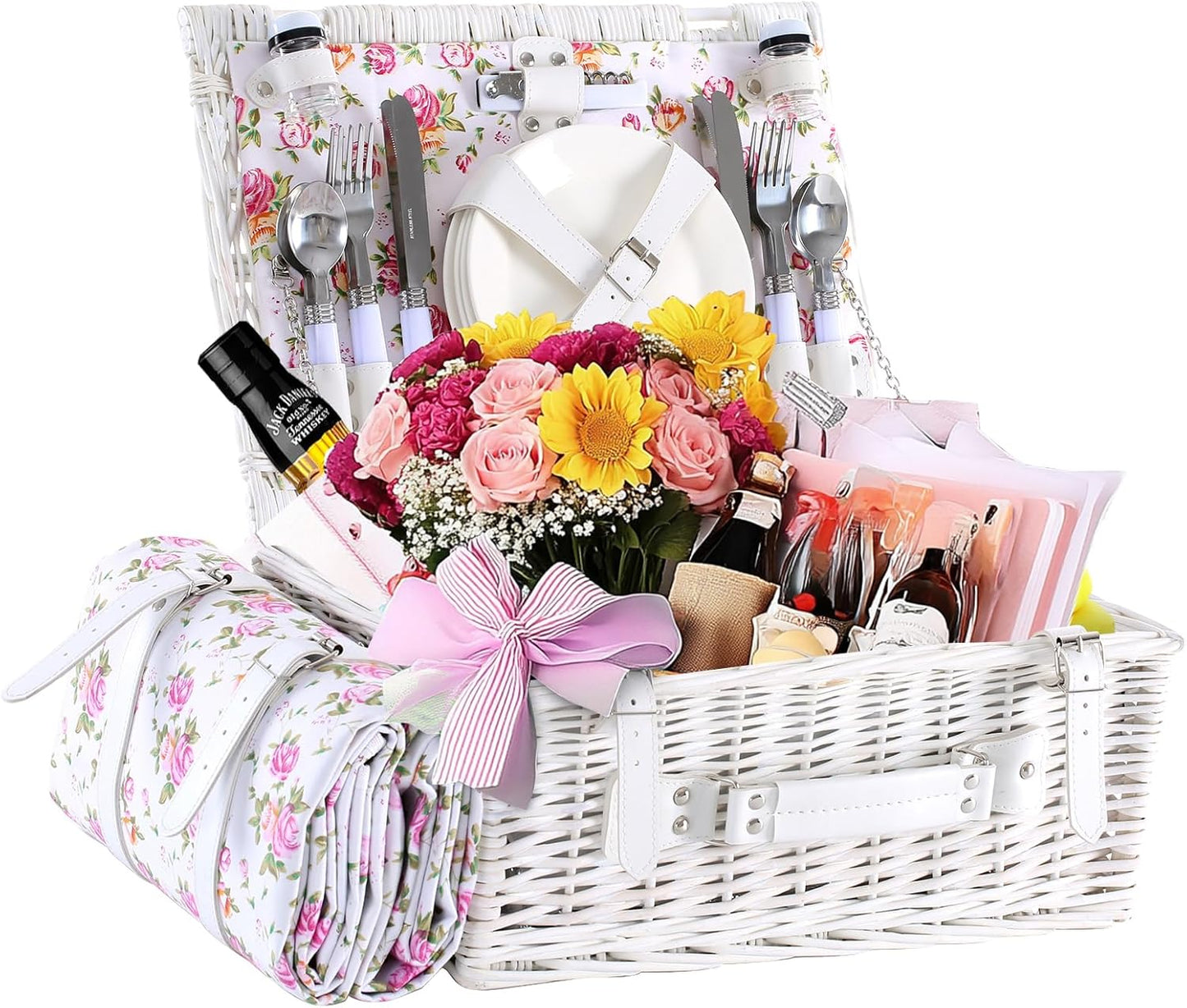 Picnic Basket for 4 Persons with Waterproof Picnic Blanket and Insulated Cooler, Large Wicker Picnic Basket for Camping, Outdoors, Valentine's Day, Christmas, Birthday, Wedding Gift