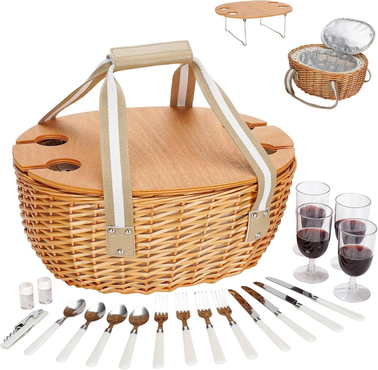STBoo Picnic Basket for 2 - Wicker Basket Set with Wine Table | Handmade Willow Basket with Insulated Cooler Bag for Outdoor Camping, Great Gifts for Wedding, Birthday (Beige)