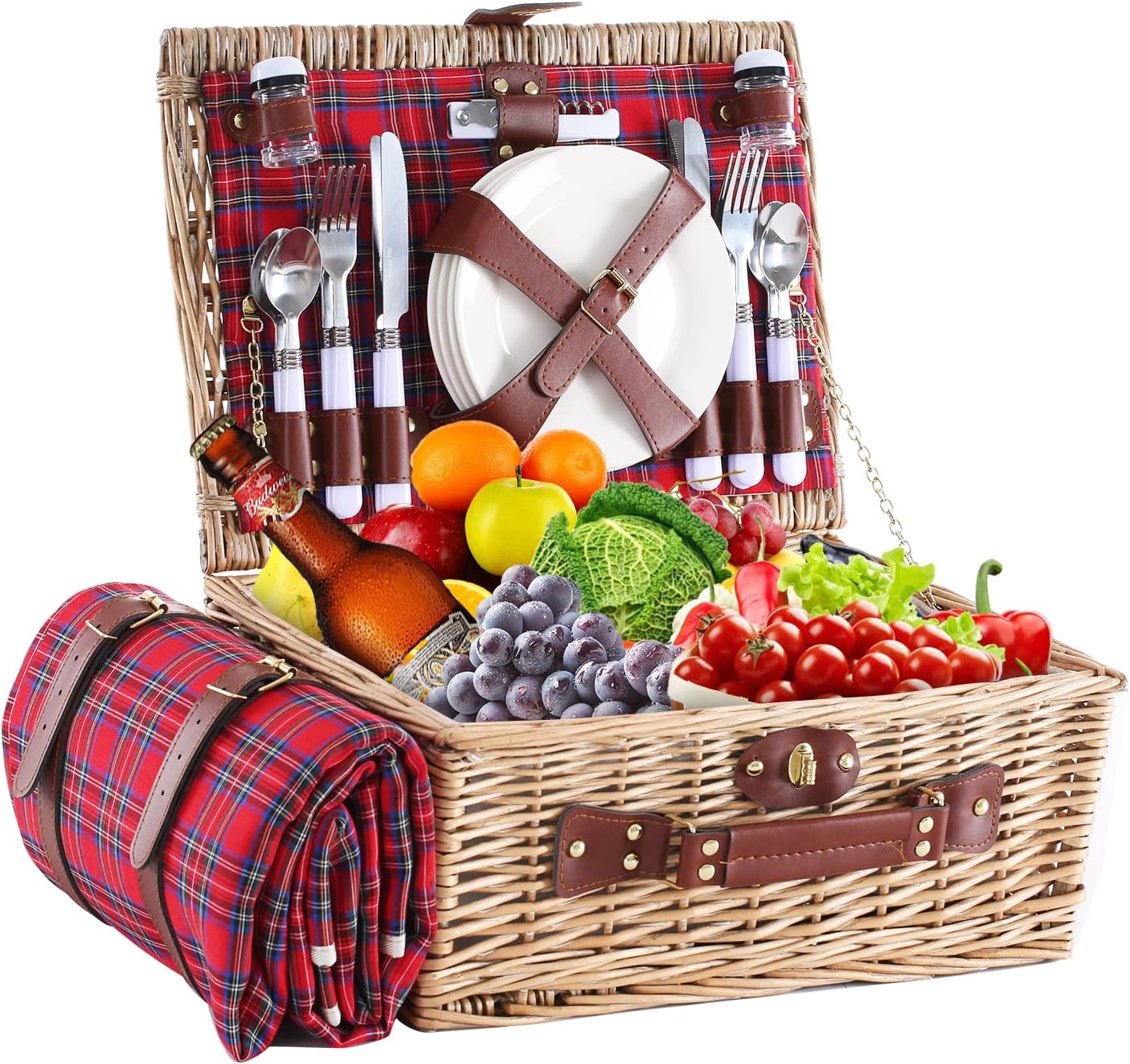 Picnic Basket for 4 Persons with Waterproof Picnic Blanket and Insulated Cooler, Large Wicker Picnic Basket for Camping, Outdoors, Valentine's Day, Christmas, Birthday, Wedding Gift