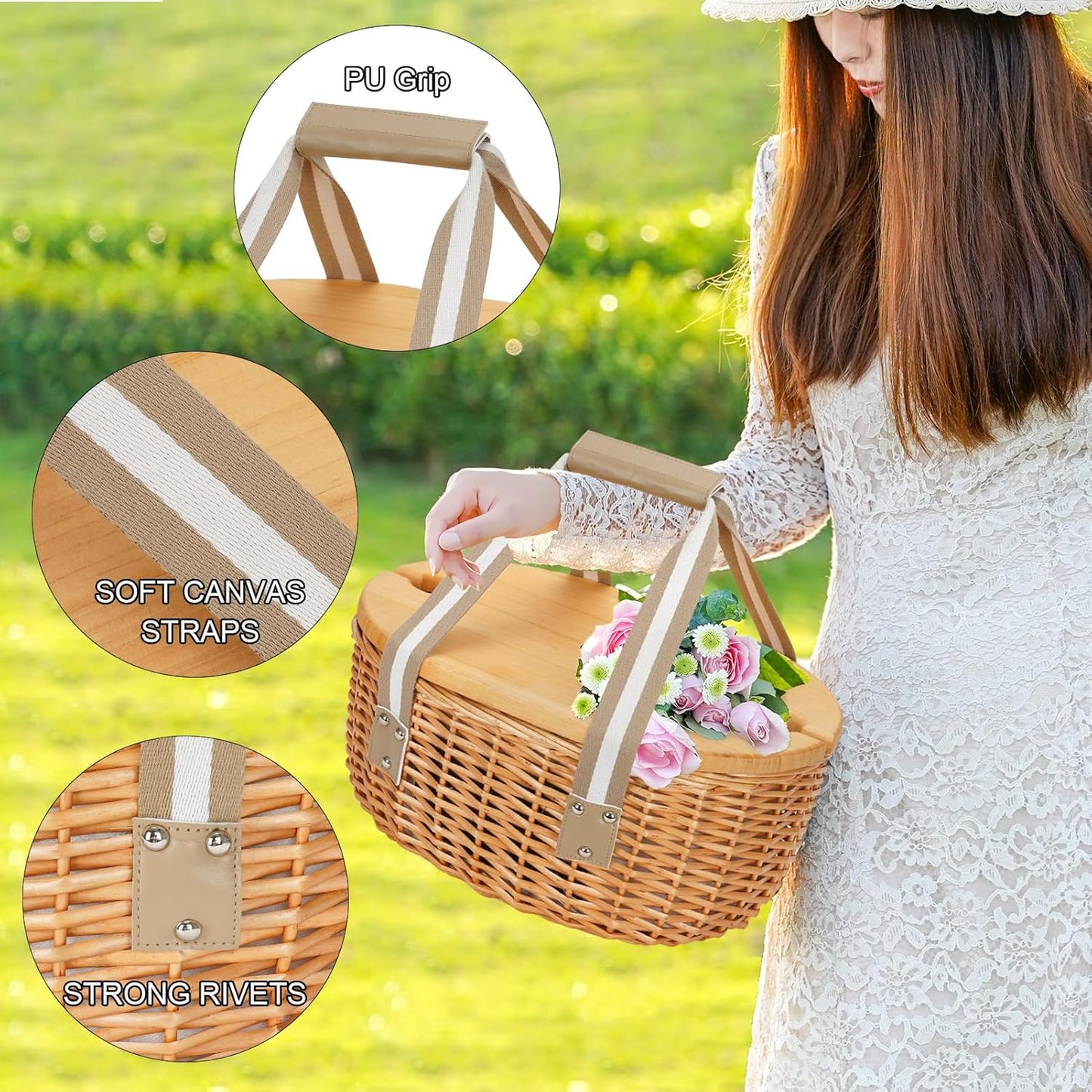 STBoo Picnic Basket for 2 - Wicker Basket Set with Wine Table | Handmade Willow Basket with Insulated Cooler Bag for Outdoor Camping, Great Gifts for Wedding, Birthday (Beige)