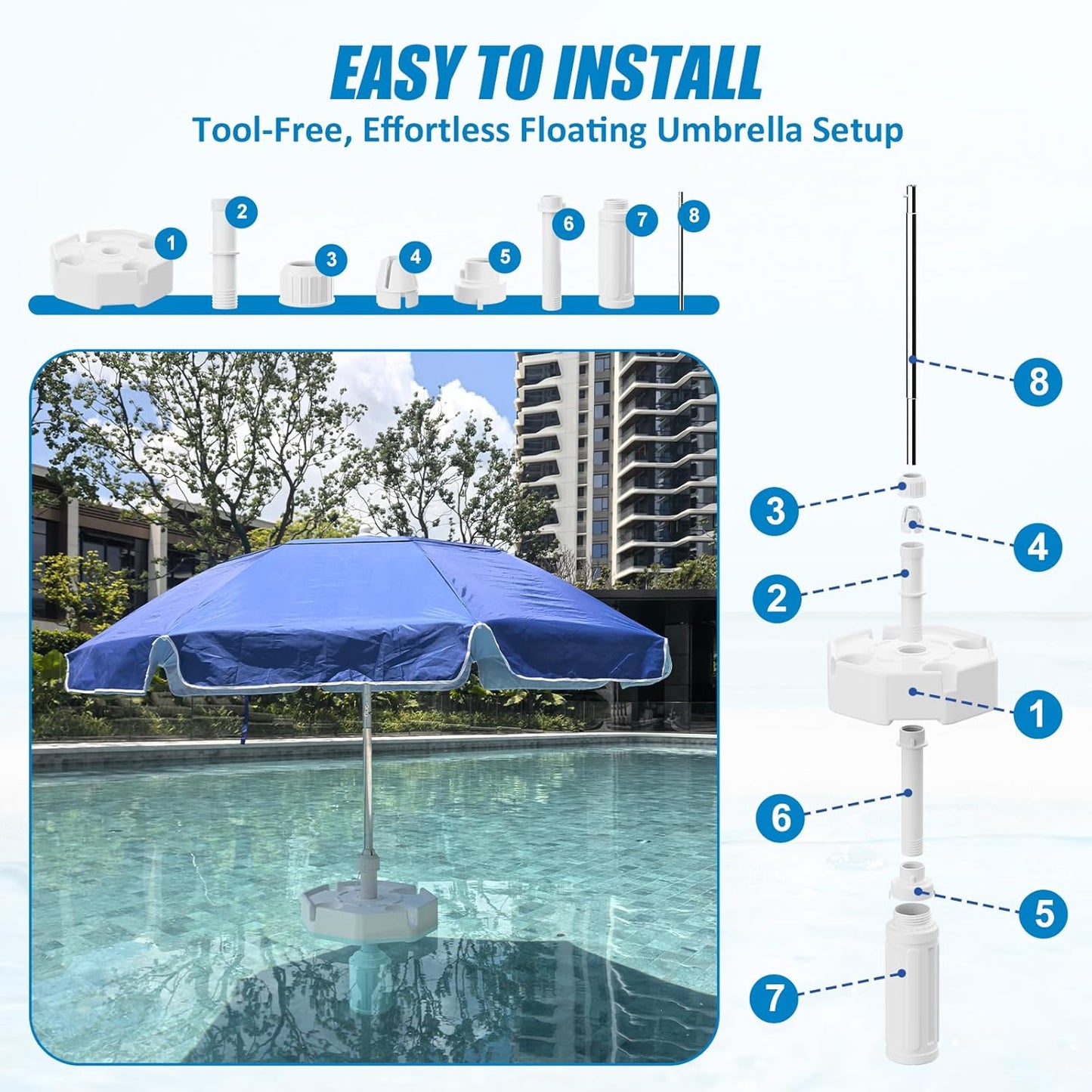 Floating Pool Umbrella,Outdoor Pool Sunshade Umbrella for Inside of Pool,Portable floating table with Drink Holders,No-Tool Setup for Swimming Pools, Beach & Lakes